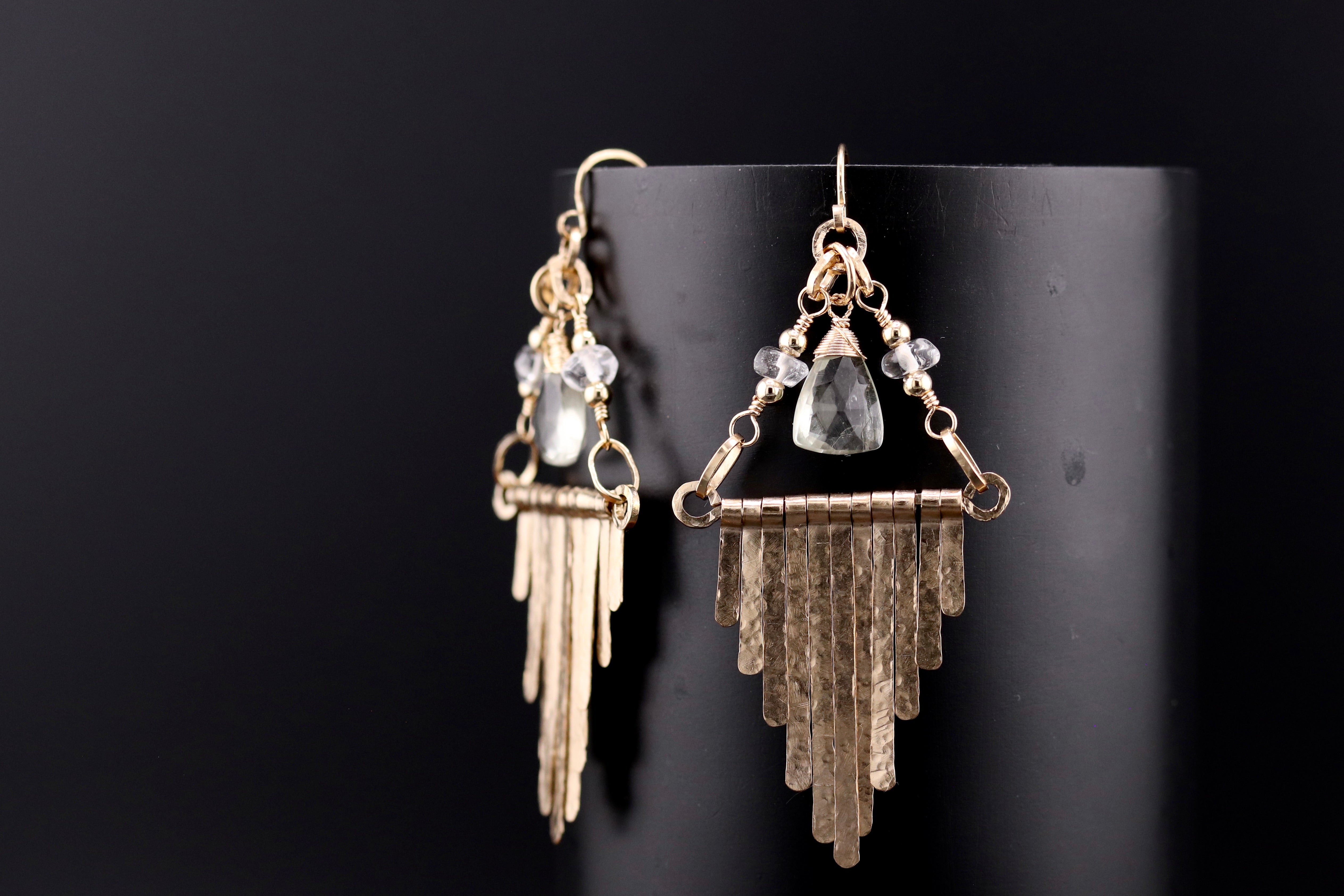 CUSTOM BRENDA KUNZ Gold Filled Art Deco Fringe Earrings Green Amethyst