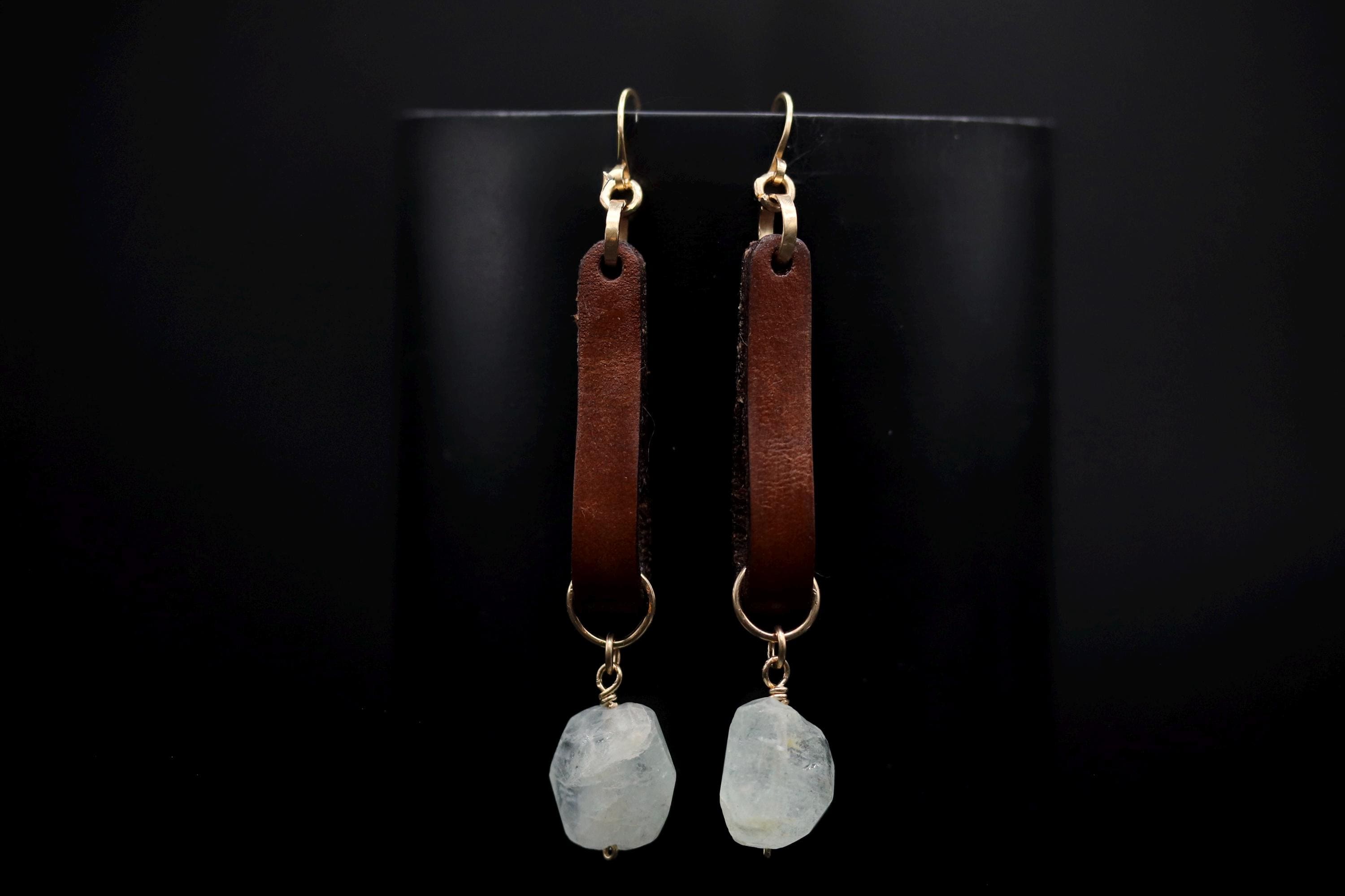 Boho Leather and Raw Cut Aquamarine Dangle Gemstone Earrings, 14K Gold Filled
