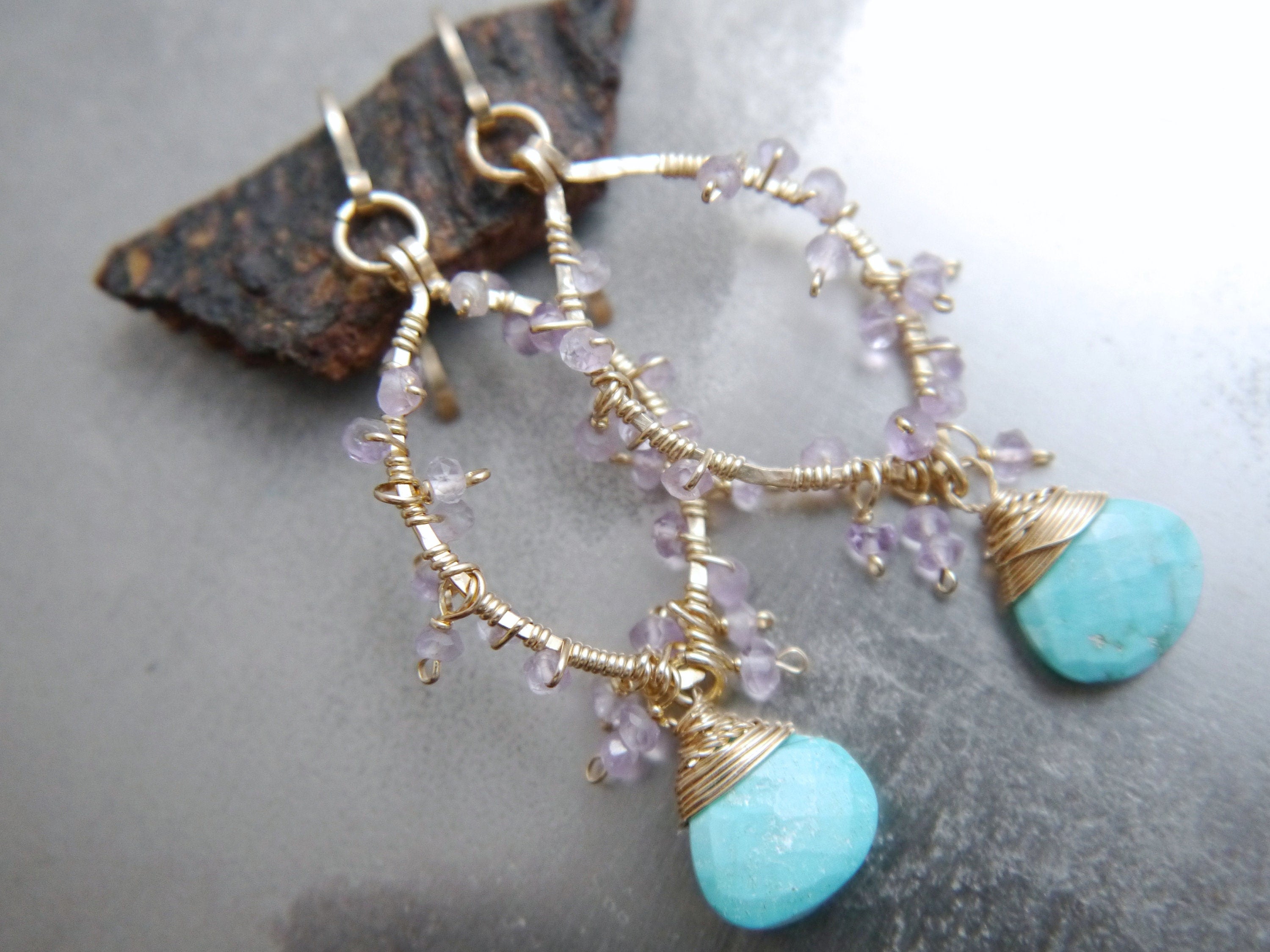 Turquoise Amethyst Floral Gemstone Earrings, 14K Gold Filled Botanical Jewelry