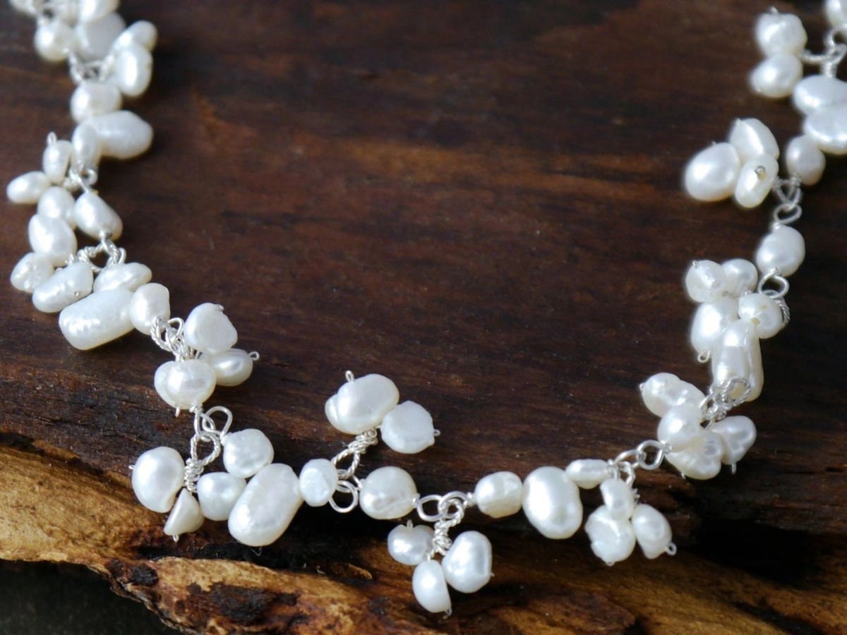 White Freshwater Pearl Flower Necklace, Sterling Silver, Floral Bride Organic Wedding