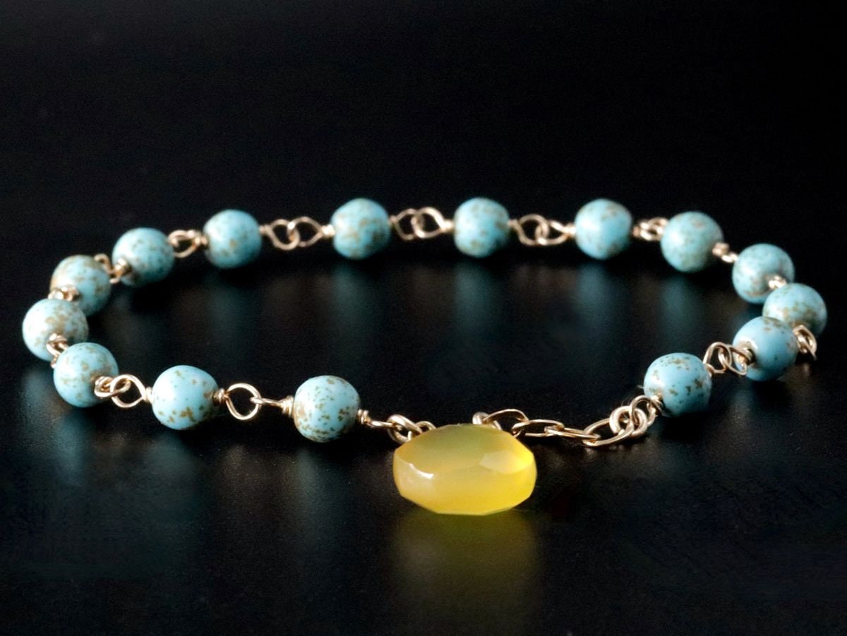 Turquoise Magnesite Yellow Chalcedony Gemstone Bracelet, 14K Gold Filled Rosary Chain, Minimalist Jewelry