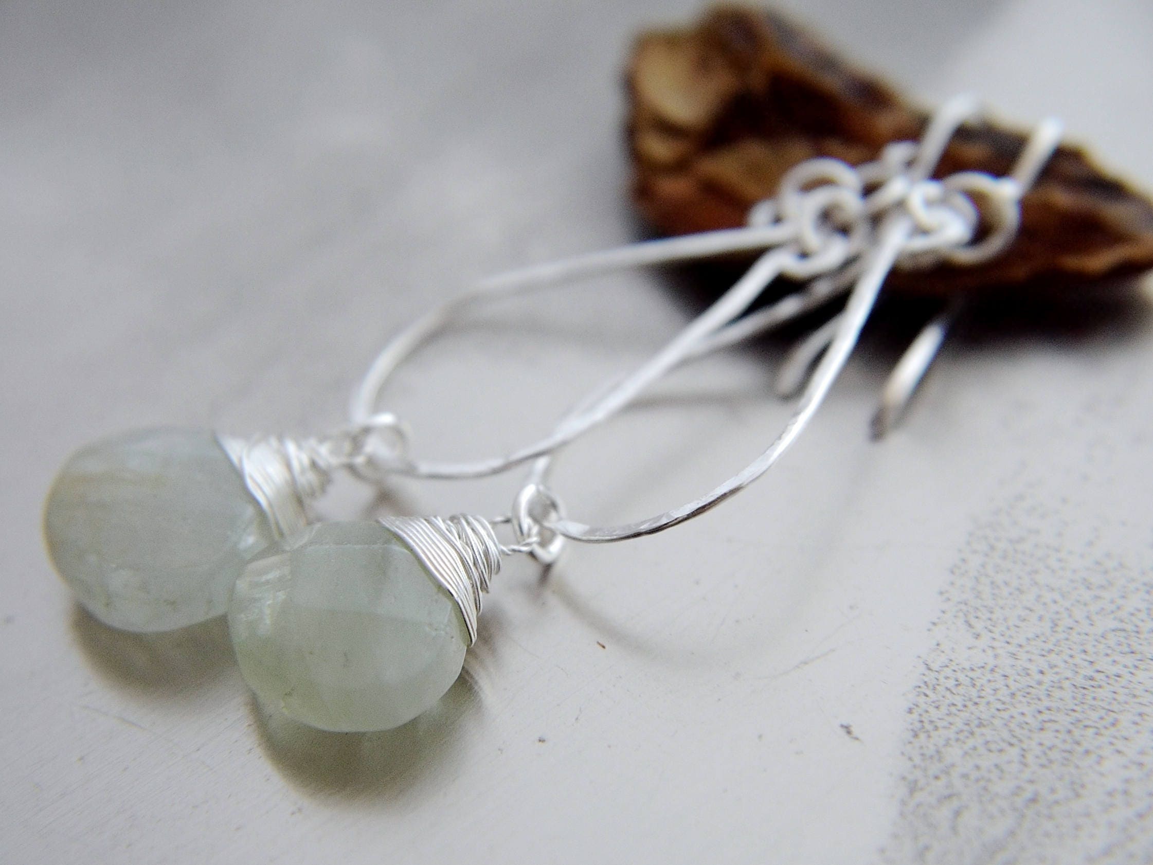 Aquamarine Teardrop Hoop Gemstone Earrings, Sterling Silver, Bridal