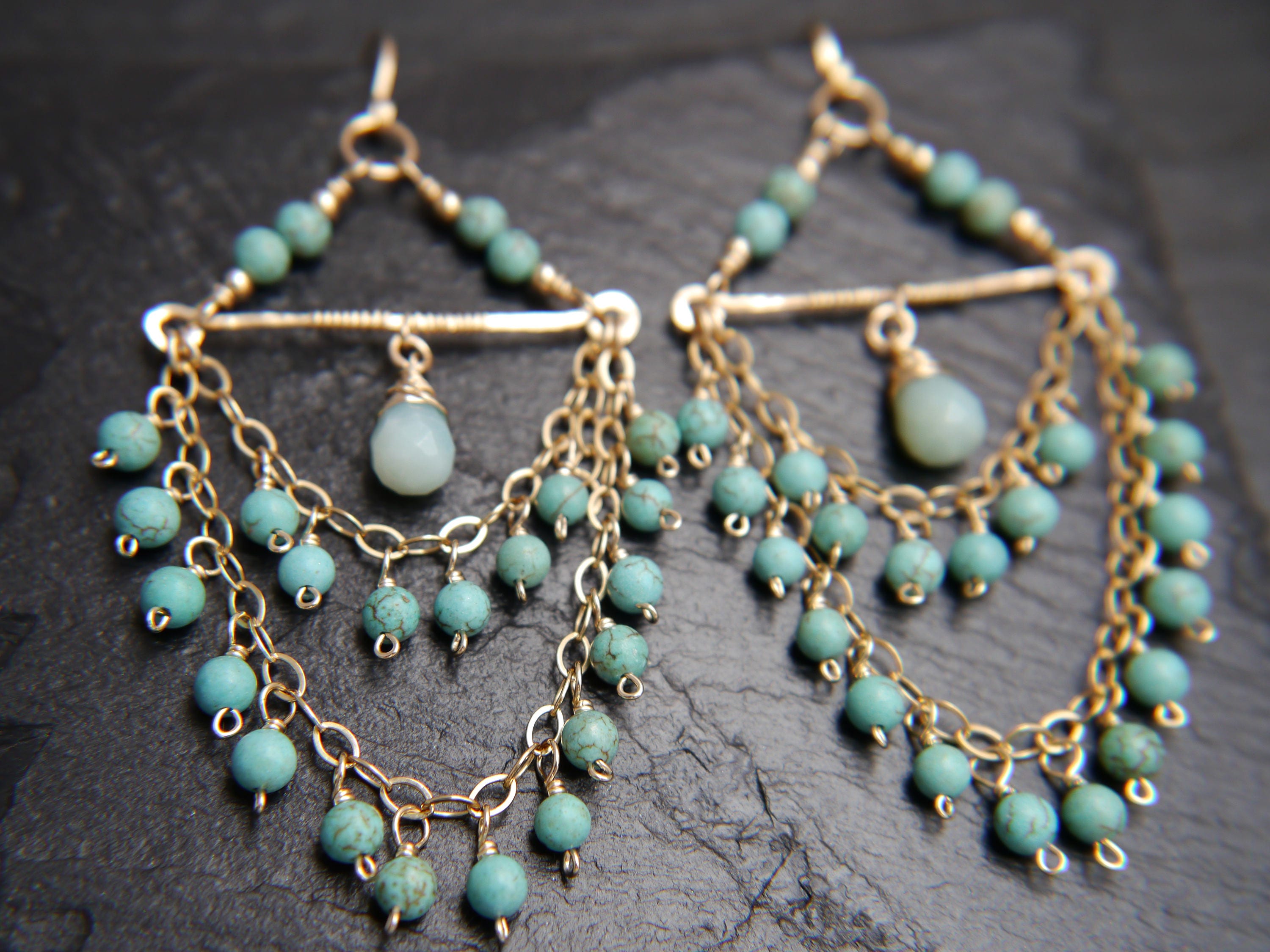 Turquoise Magnesite Chandelier Fringe Gemstone Earrings, 14K Gold Filled Coastal Wedding