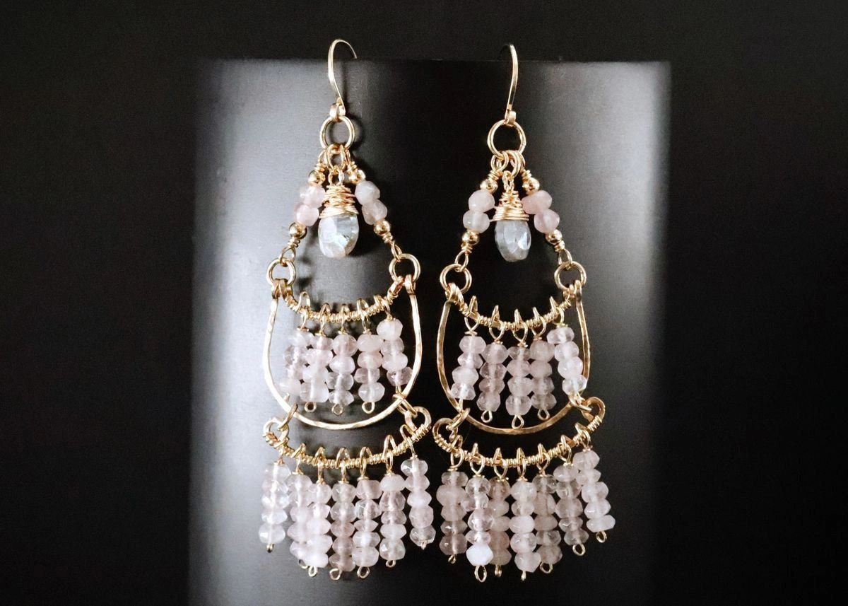 Rose Quartz Labradorite Fringe Chandelier Gemstone Earrings, 14K Gold Filled