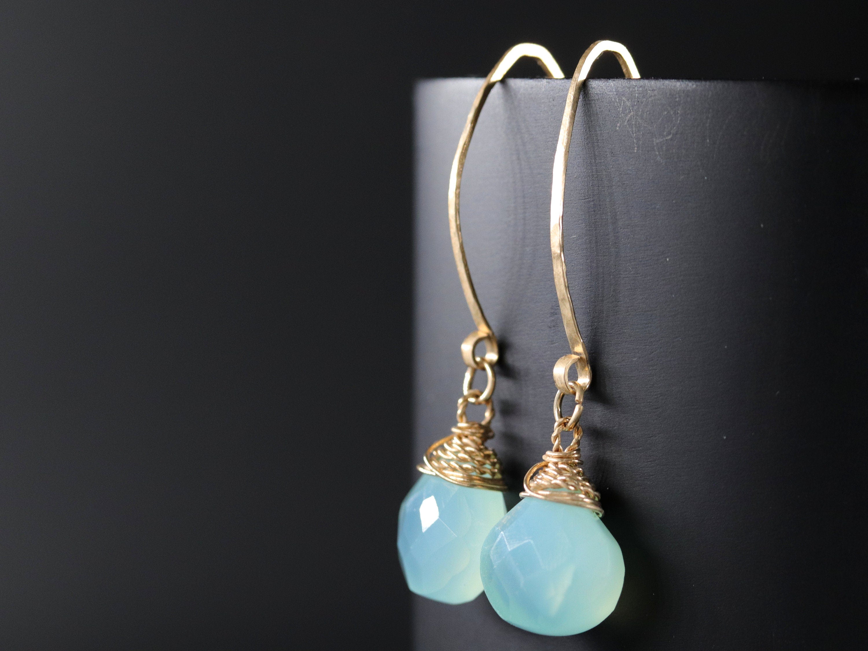 Aqua Chalcedony Heart Briolette Long Hoop Gemstone Earrings, 14K Gold Filled Something Blue
