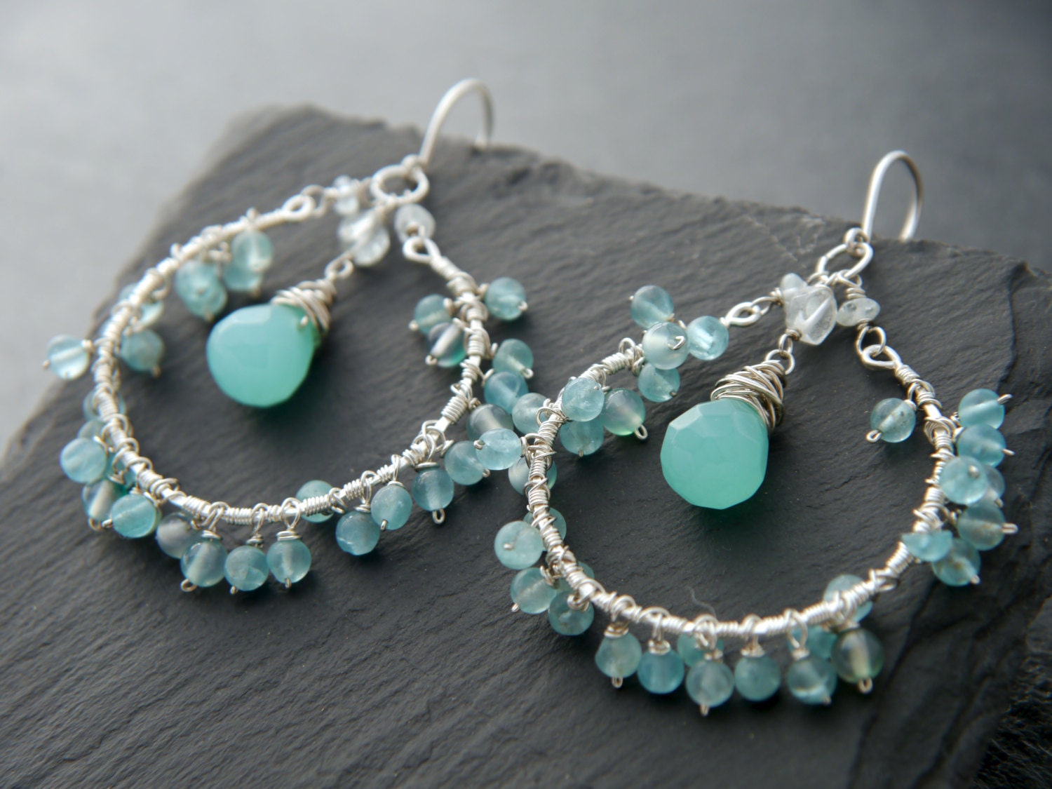 Chalcedony Goshenite Floral Garland Hoop Gemstone Earrings, Sterling Silver