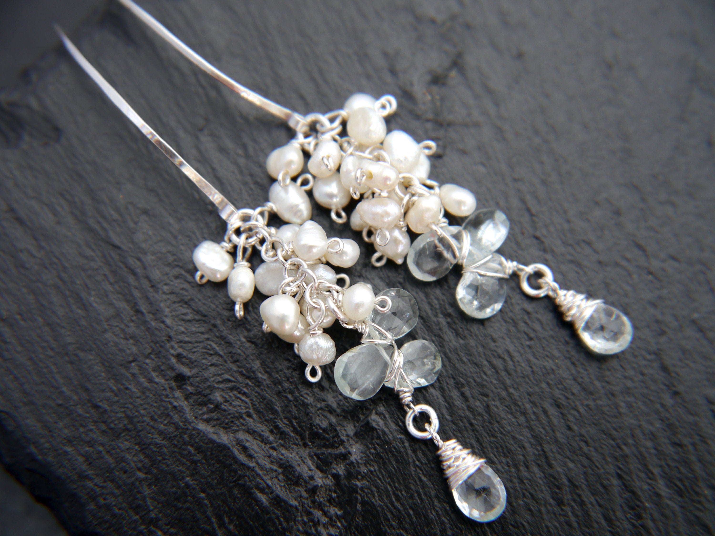 Aquamarine Pearl Long Dangle Floral Vine Gemstone Earrings, Sterling Silver Bridal