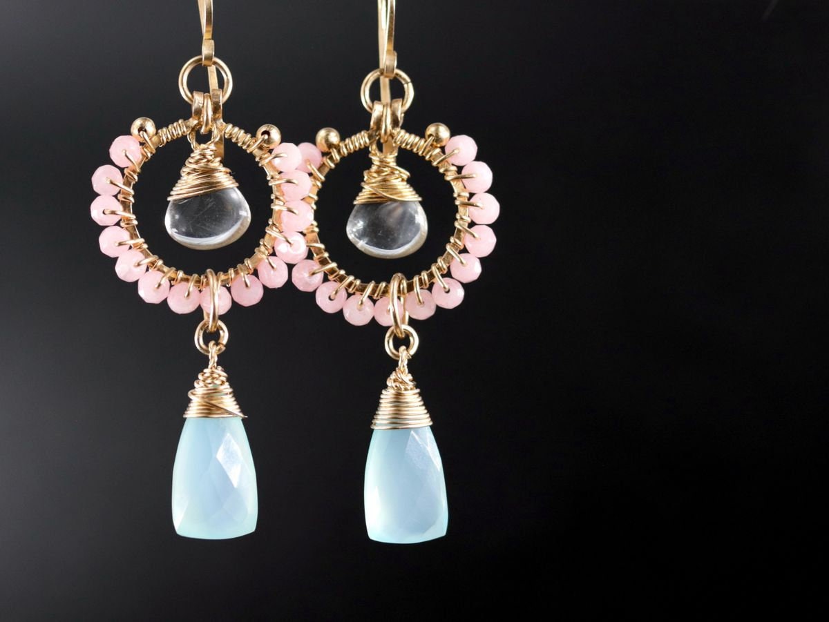 Pink Opal Chalcedony Trillion Briolette Floral Gemstone Earrings, 14K Gold Filled Bohemian Style