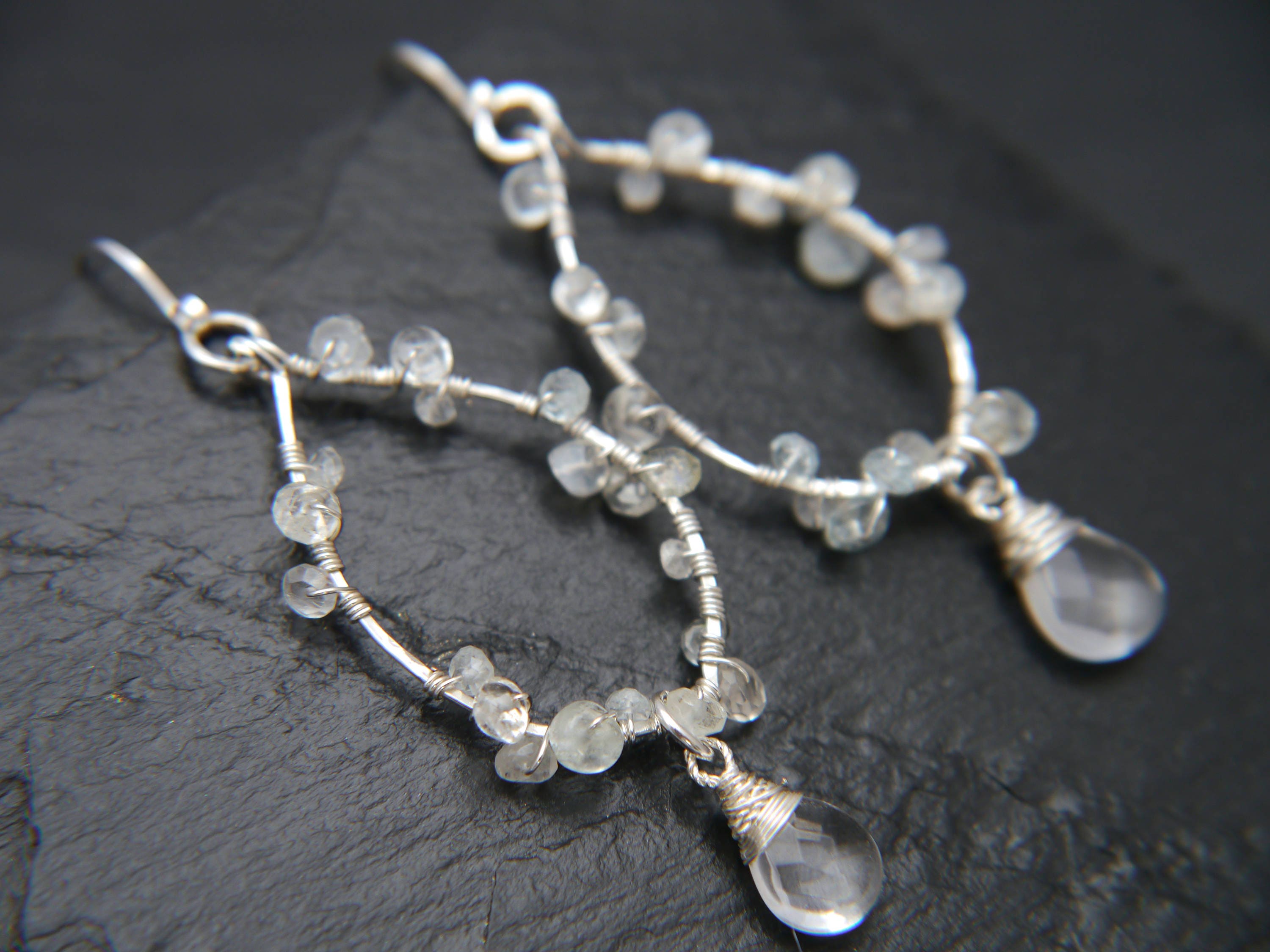 Aquamarine Quartz Floral Chandelier Dangle Gemstone Earrings, Sterling Silver, Bridal