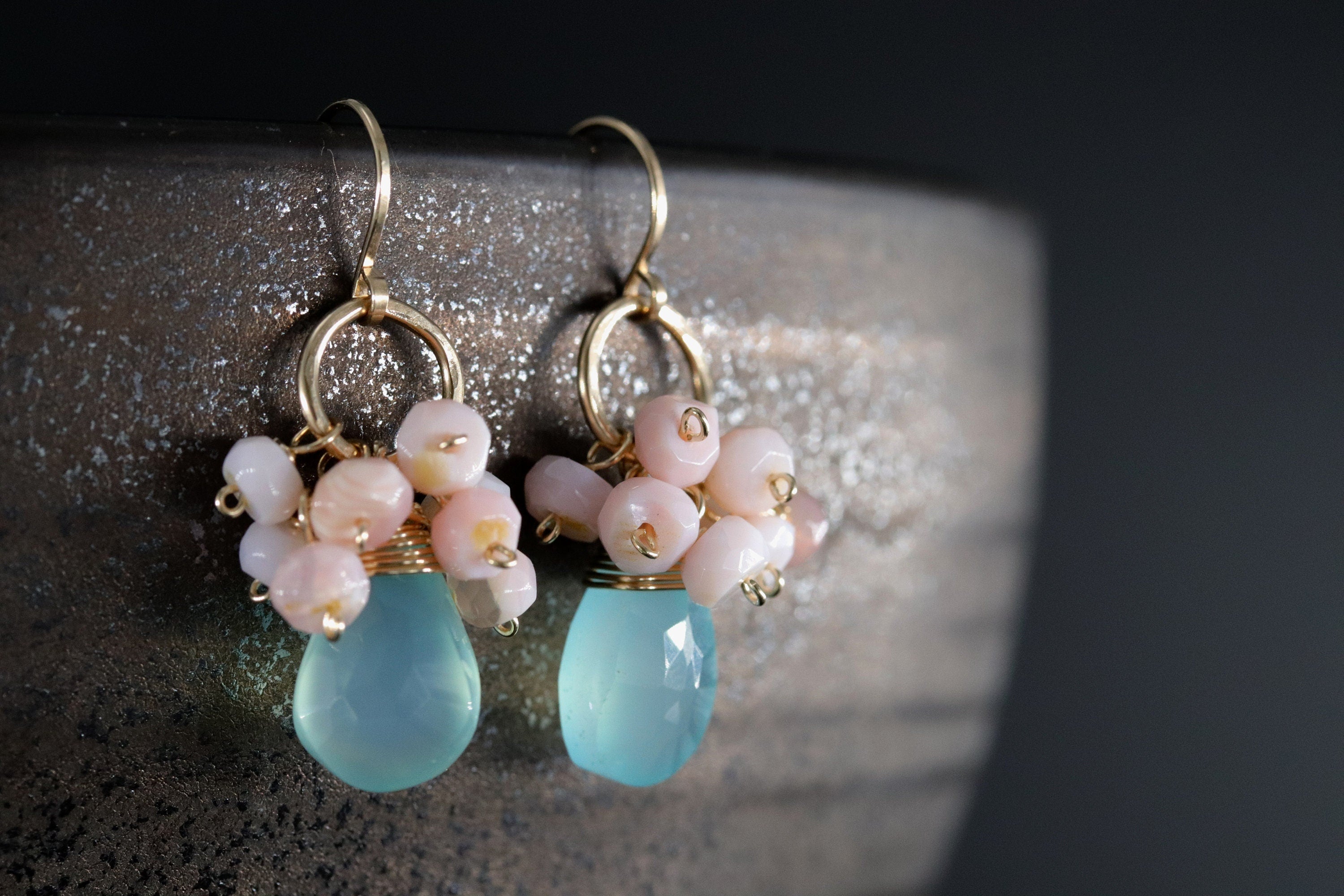 Aqua Chalcedony Briolette Pink Opal Cluster Gemstone Earrings, 14K Gold Filled Botanical Style