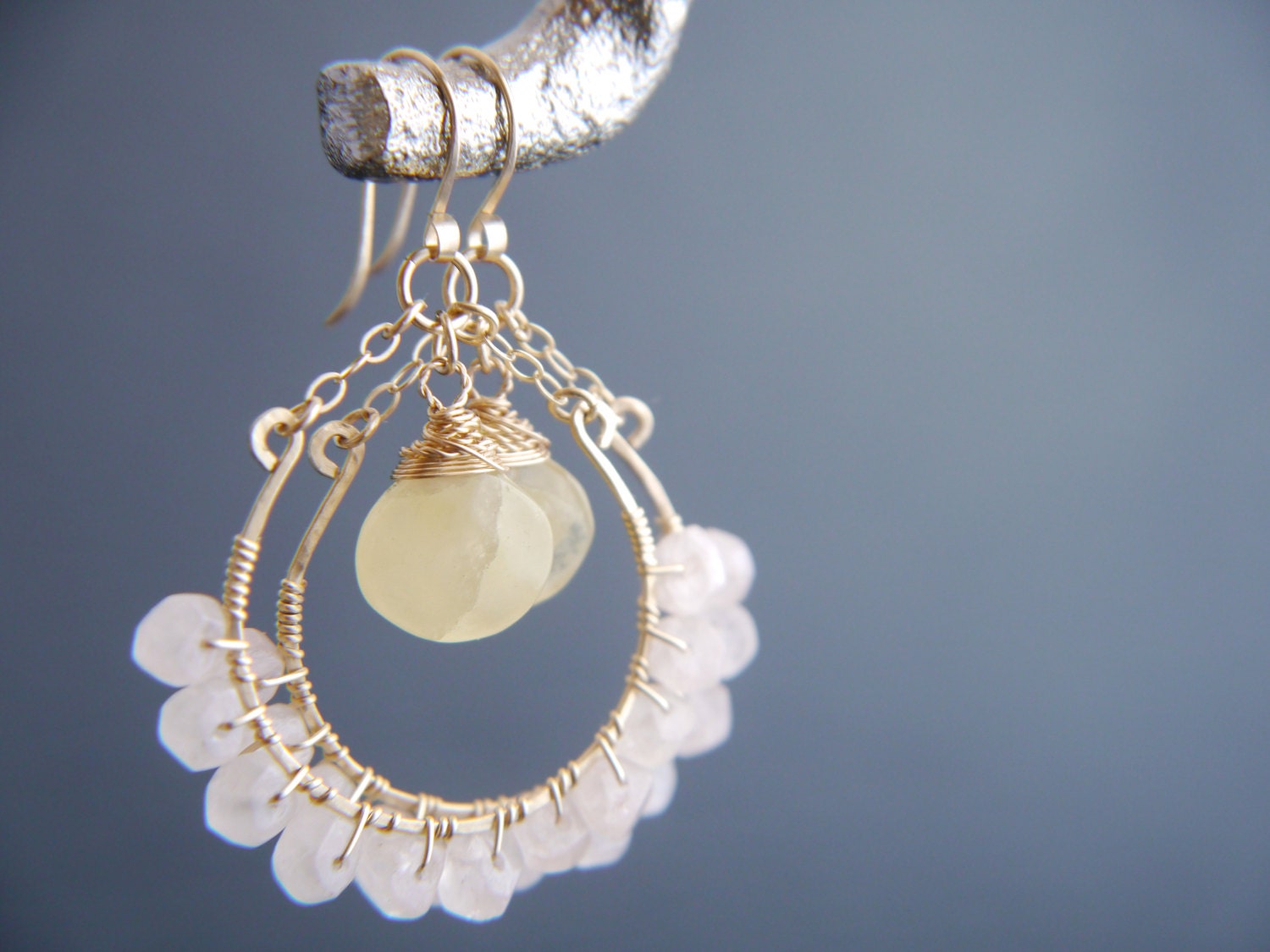 Rose Quartz Yellow Calcite Floral Hoop Gemstone Earrings, 14K Gold Filled Wedding
