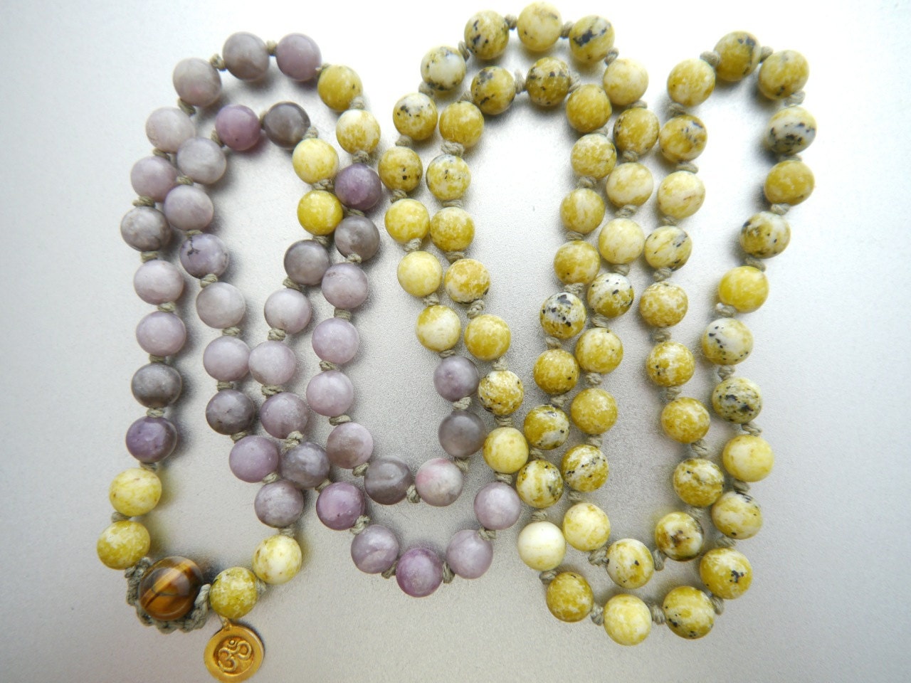 Yellow Turquoise Lilac Stone 108 Mala Beads, Hand Knotted Wrap