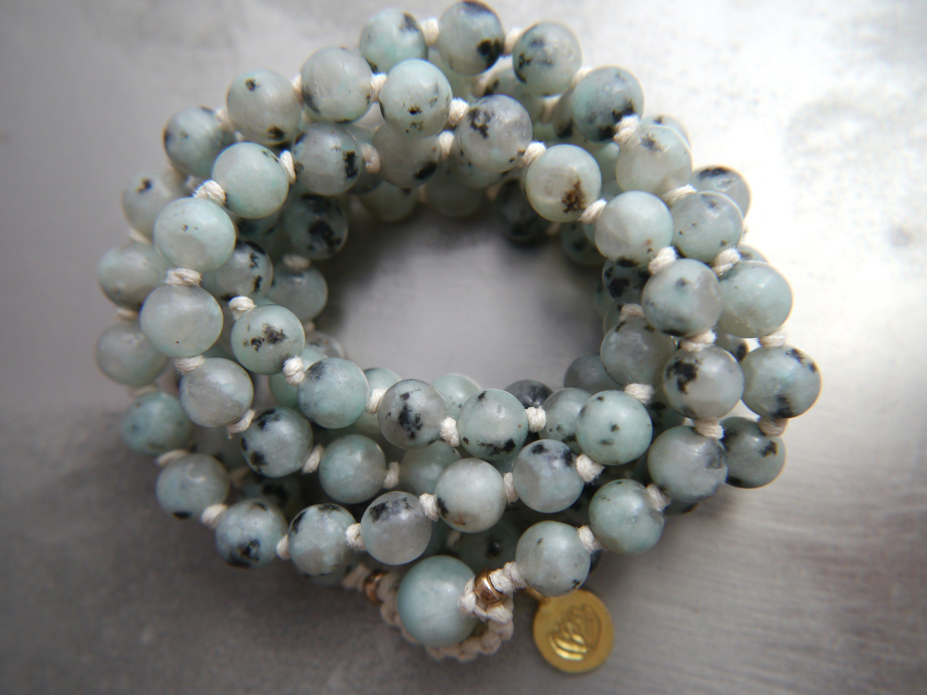 Green Kiwi Jasper Mala Beads, 108 Gemstone Beads, Wrap, Hand Knotted
