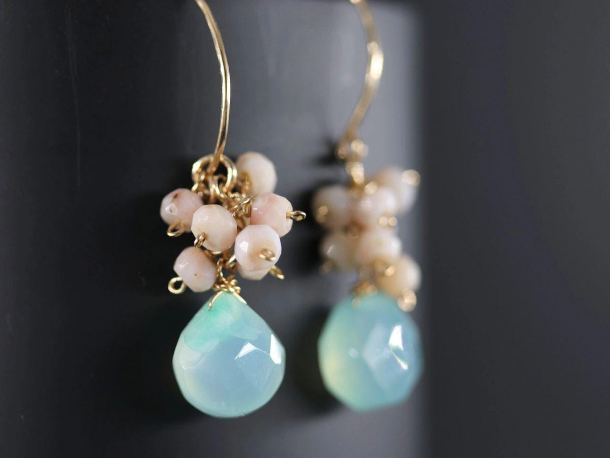 Aqua Chalcedony Pink Opal Floral Cluster Gemstone Earrings, 14K Gold Filled Bohemian