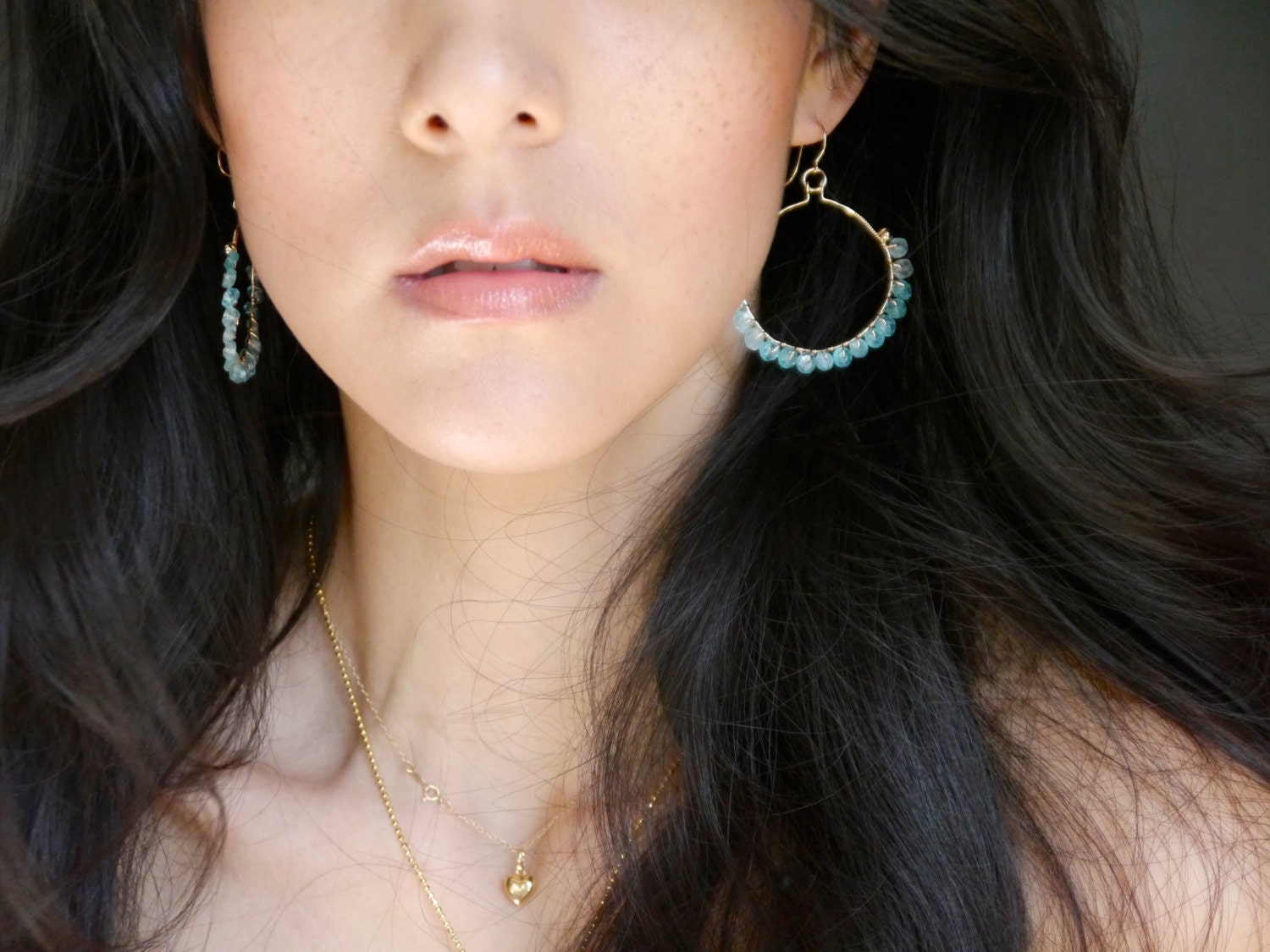 Wire Wrapped Apatite Hoop Gemstone Earrings, 14K Gold Filled Bohemian Chic