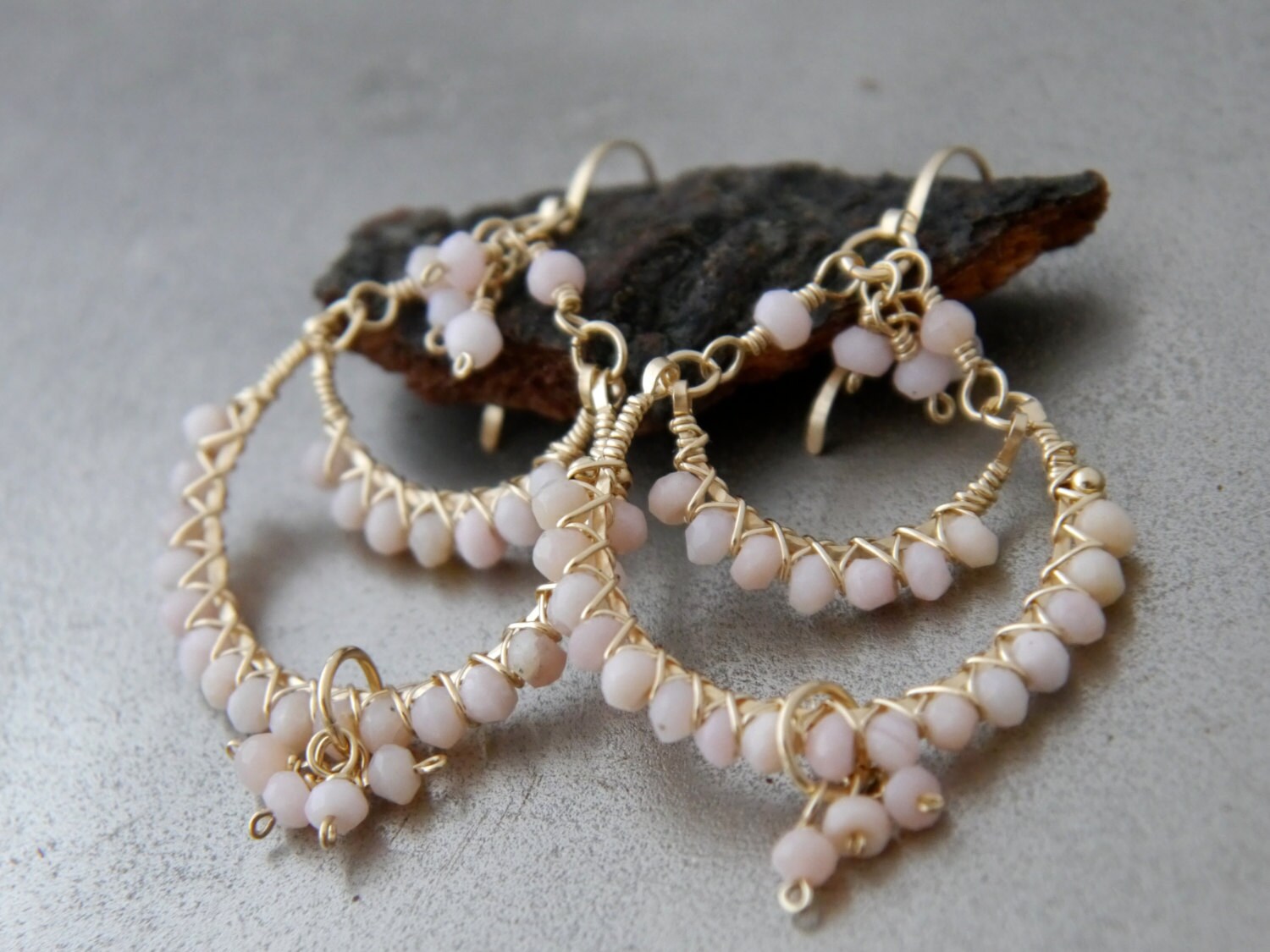 Pink Opal Romantic Chandelier Hoop Gemstone Earrings, 14K Gold Filled Ethereal Bride