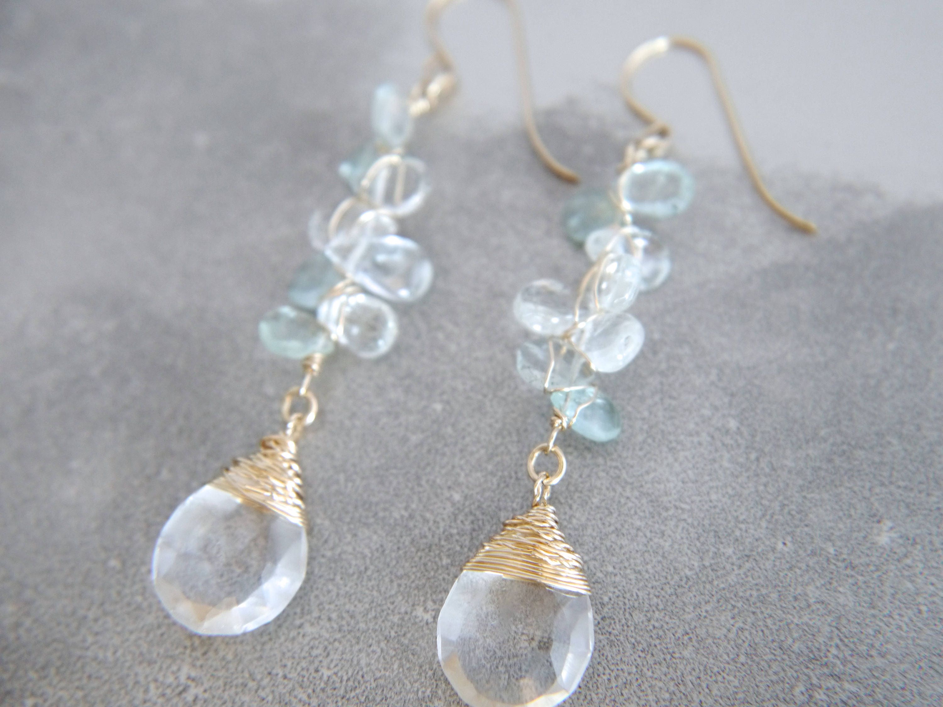Aquamarine Teardrop Long Dangle Floral Gemstone Earrings, 14K Gold Filled Botanical