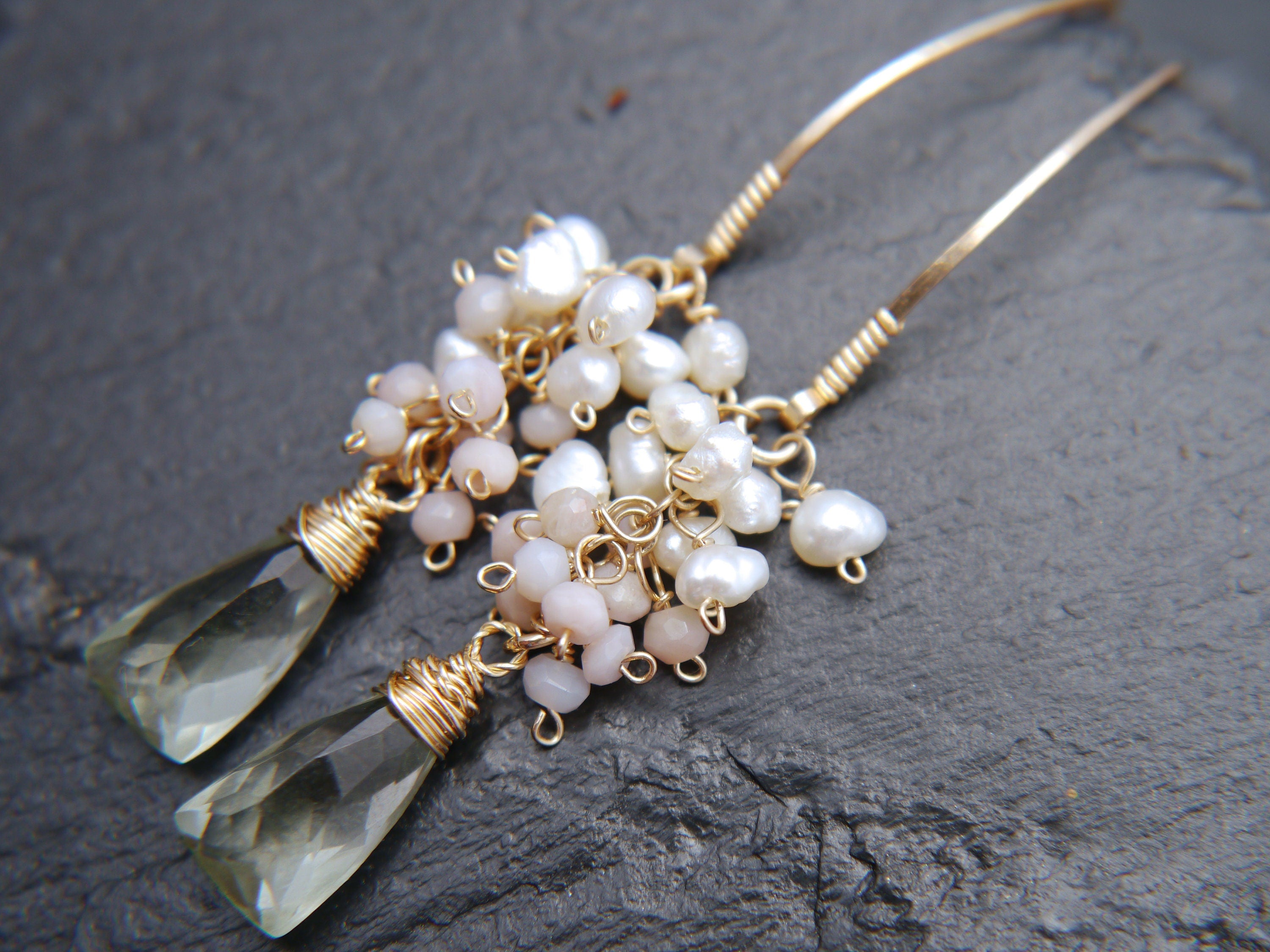 Pearl Pink Opal Green Amethyst Floral Gemstone Earrings, 14K Gold Filled Bohemian Jewelry