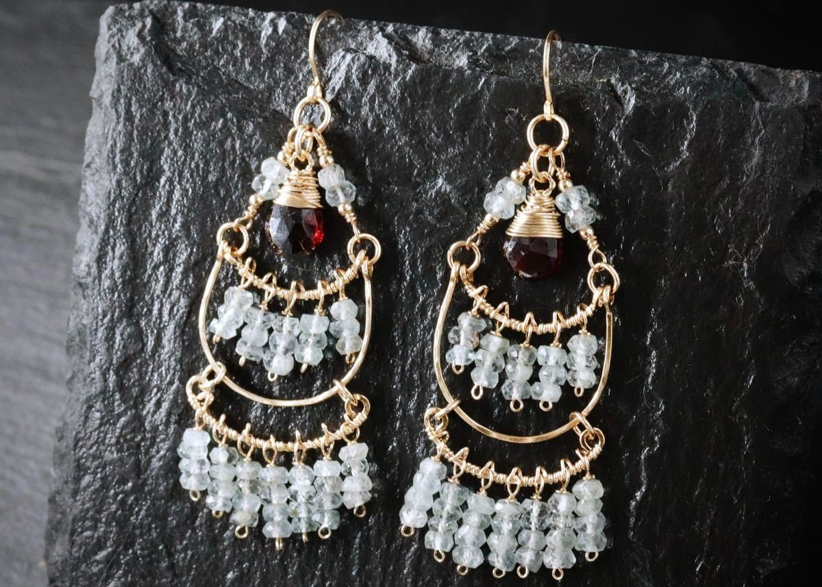 Garnet Aquamarine Fringe Chandelier Gemstone Earrings, 14K Gold Filled Bohemian Jewelry