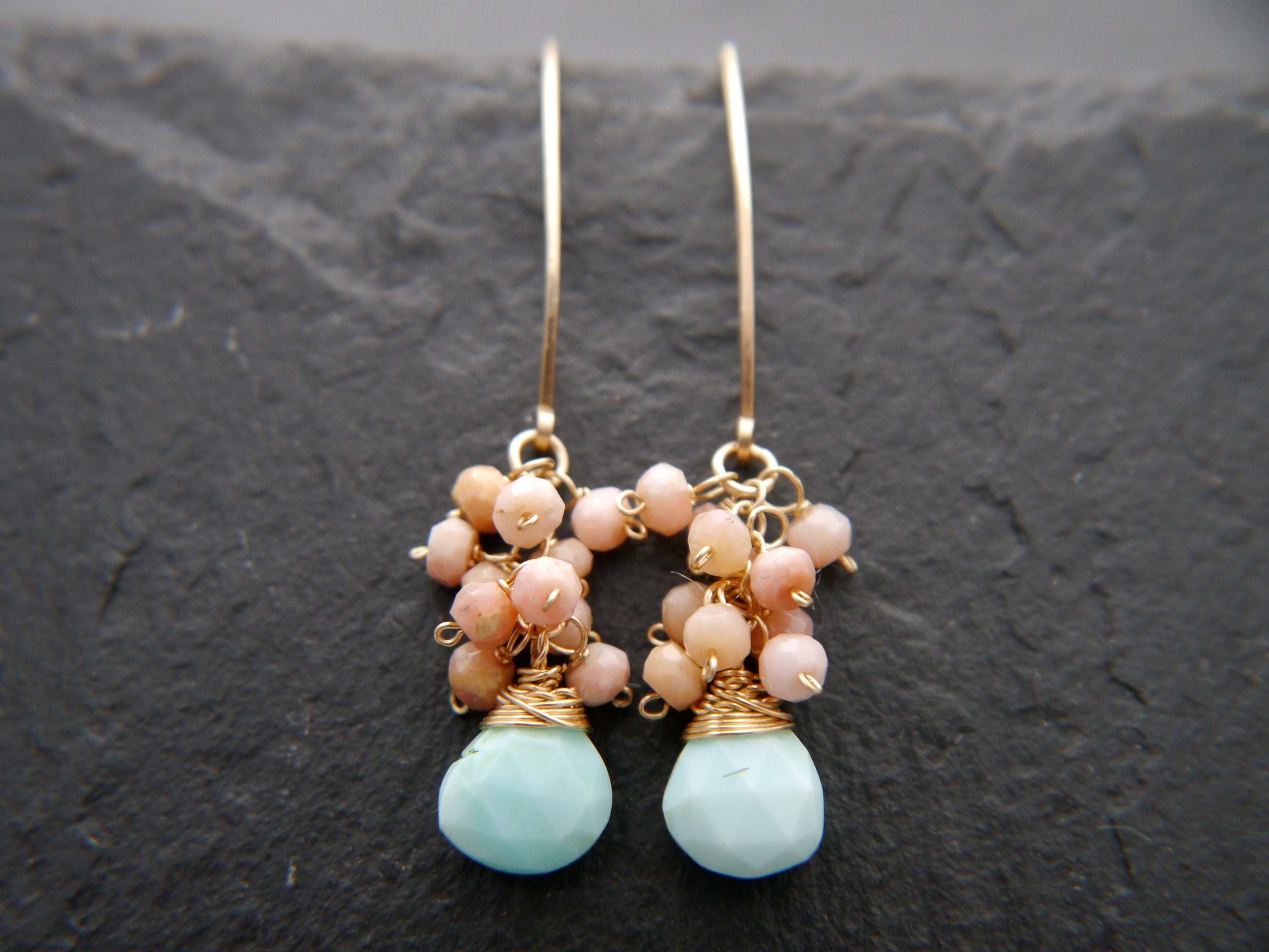 Pink Blue Opal Floral Cluster Gemstone Earrings, 14K Gold Filled Nature Inspired
