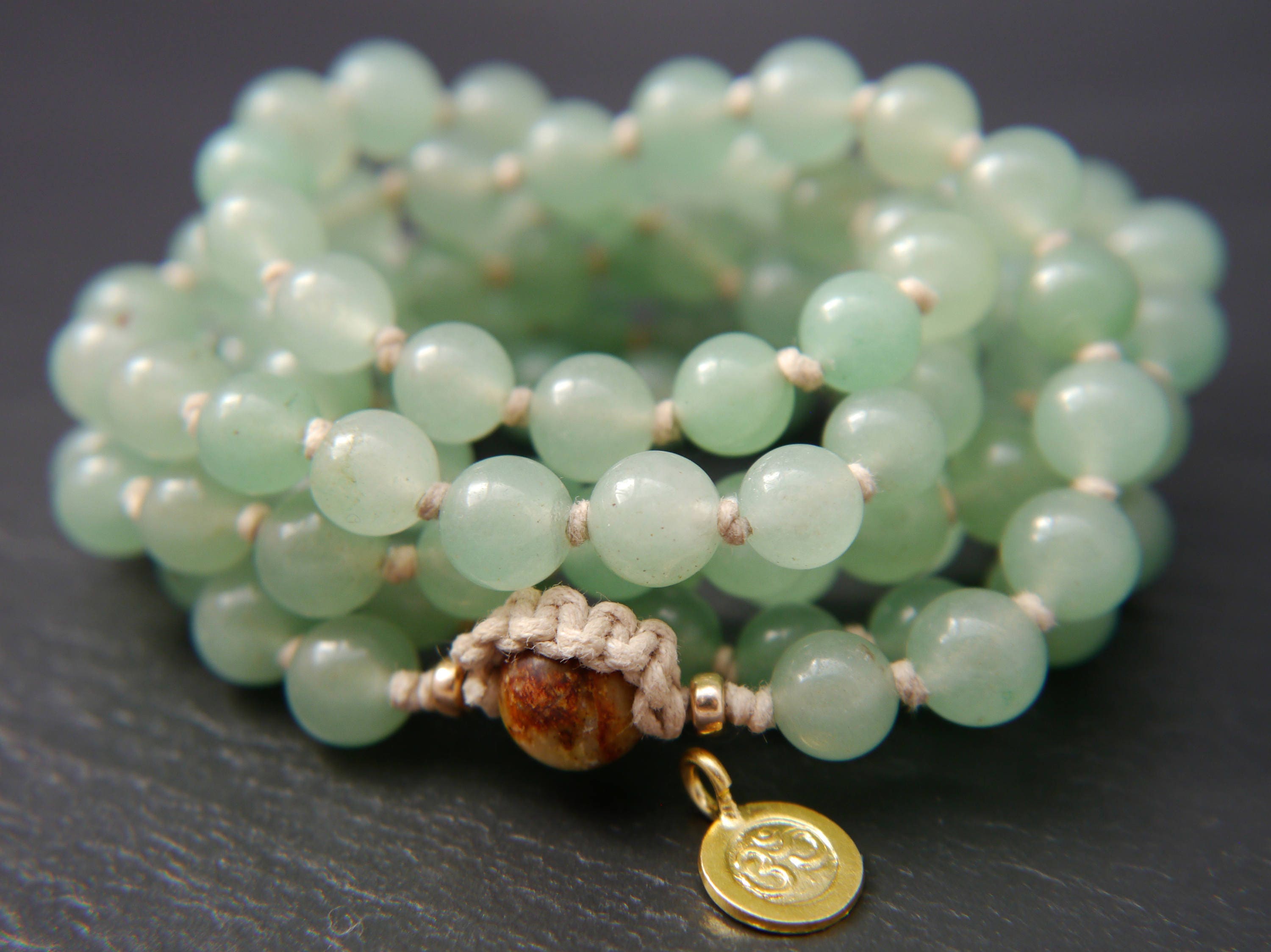 Green Aventurine 108 Mala Bead , Wrap, Hand Knotted Tibetan Prayer Beads