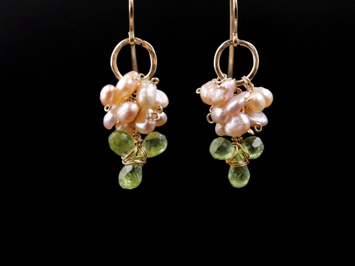 Peridot Pink Freshwater Pearl Floral Dangle Gemstone Earrings, 14K Gold Filled
