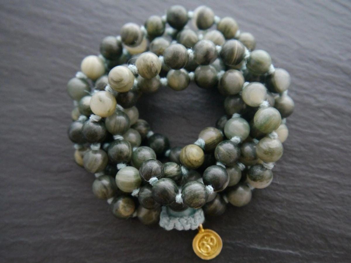 Deep Green Line Jasper108 Mala Bead , Wrap, Hand Knotted Tibetan Prayer Beads