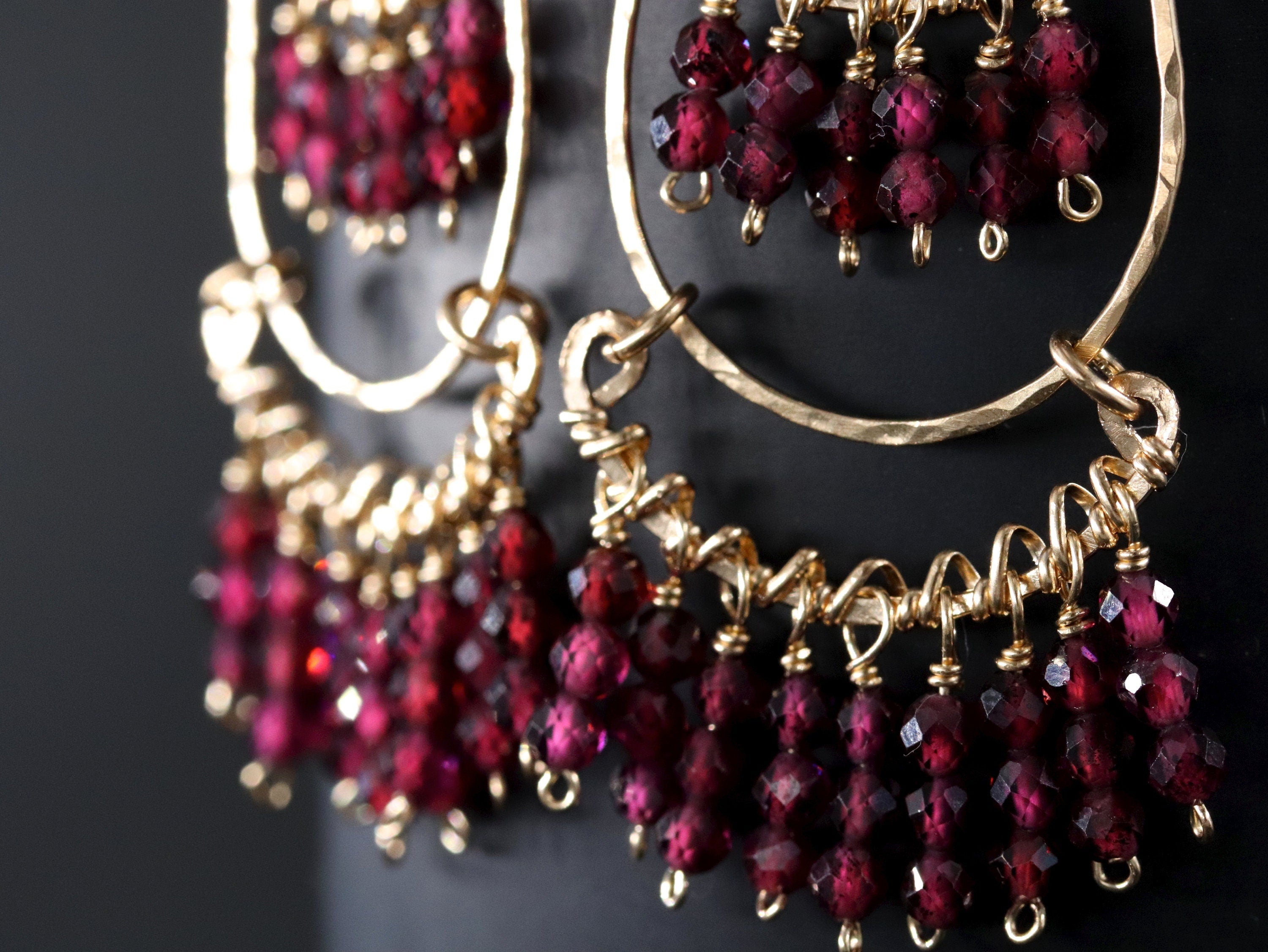 Garnet Aquamarine Long Dangle Earrings, 14K Gold Filled Fringe Drop, Bohemian Jewelry