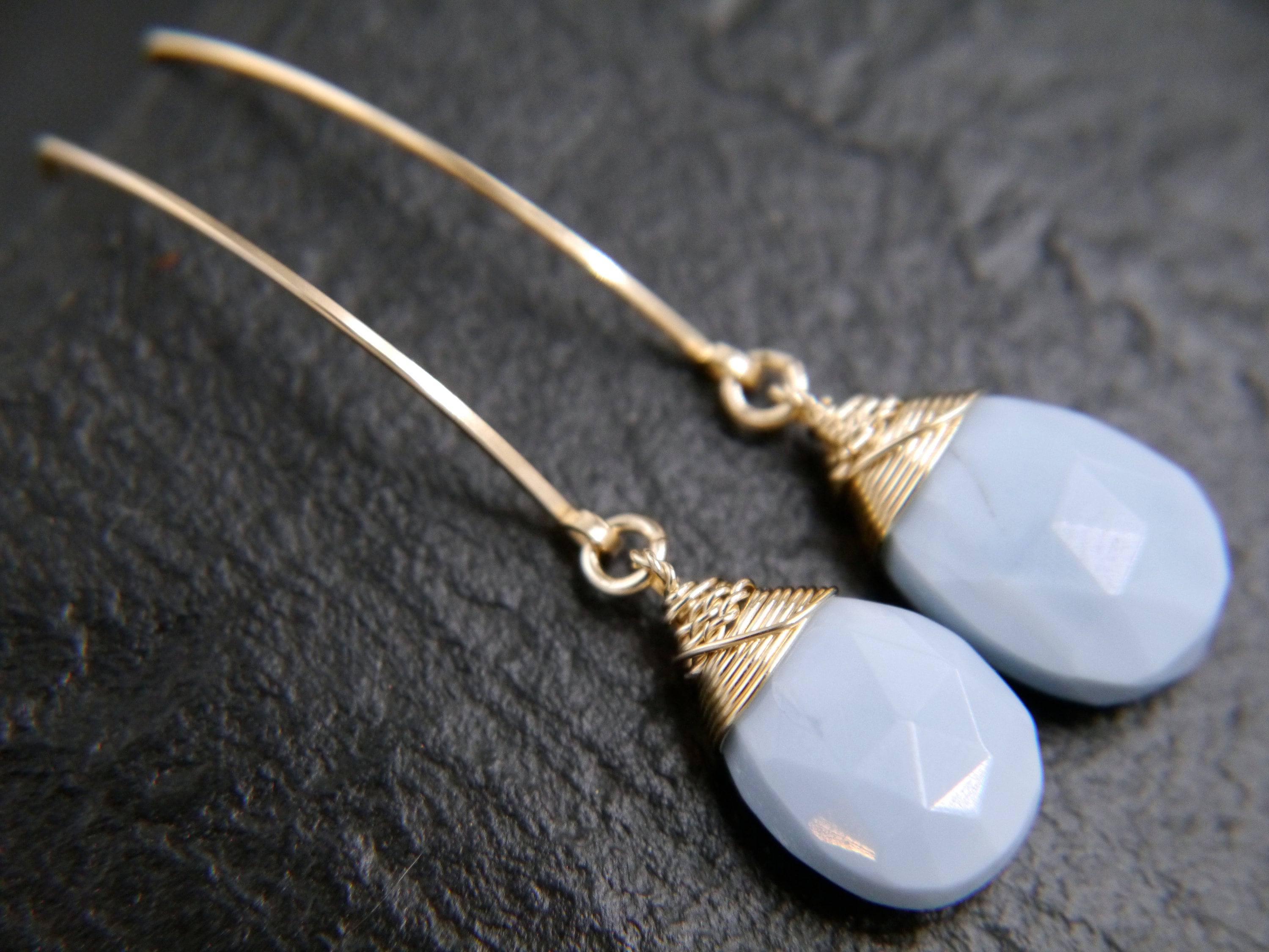 Blue Opal Teardrop Long Hoop Gemstone Earrings, 14K Gold Filled Minimalist