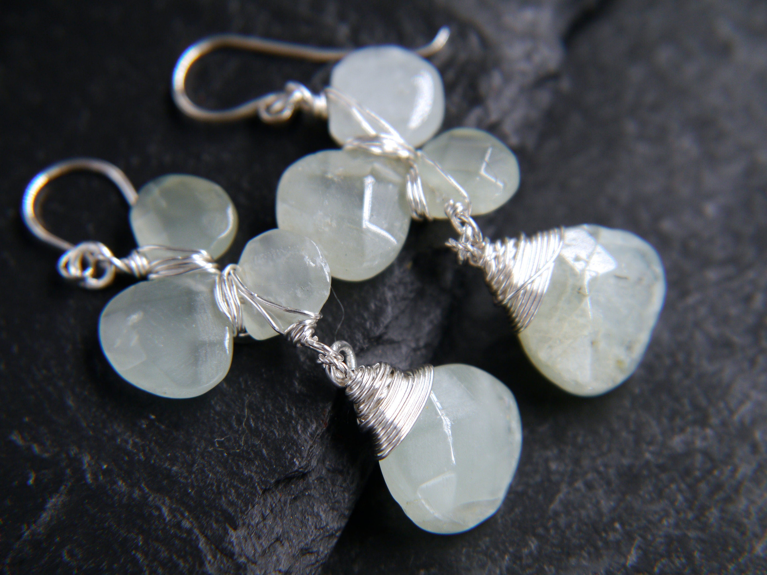 Aquamarine Flower Gemstone Earrings, Sterling Silver Wire Wrapped, Garden Wedding