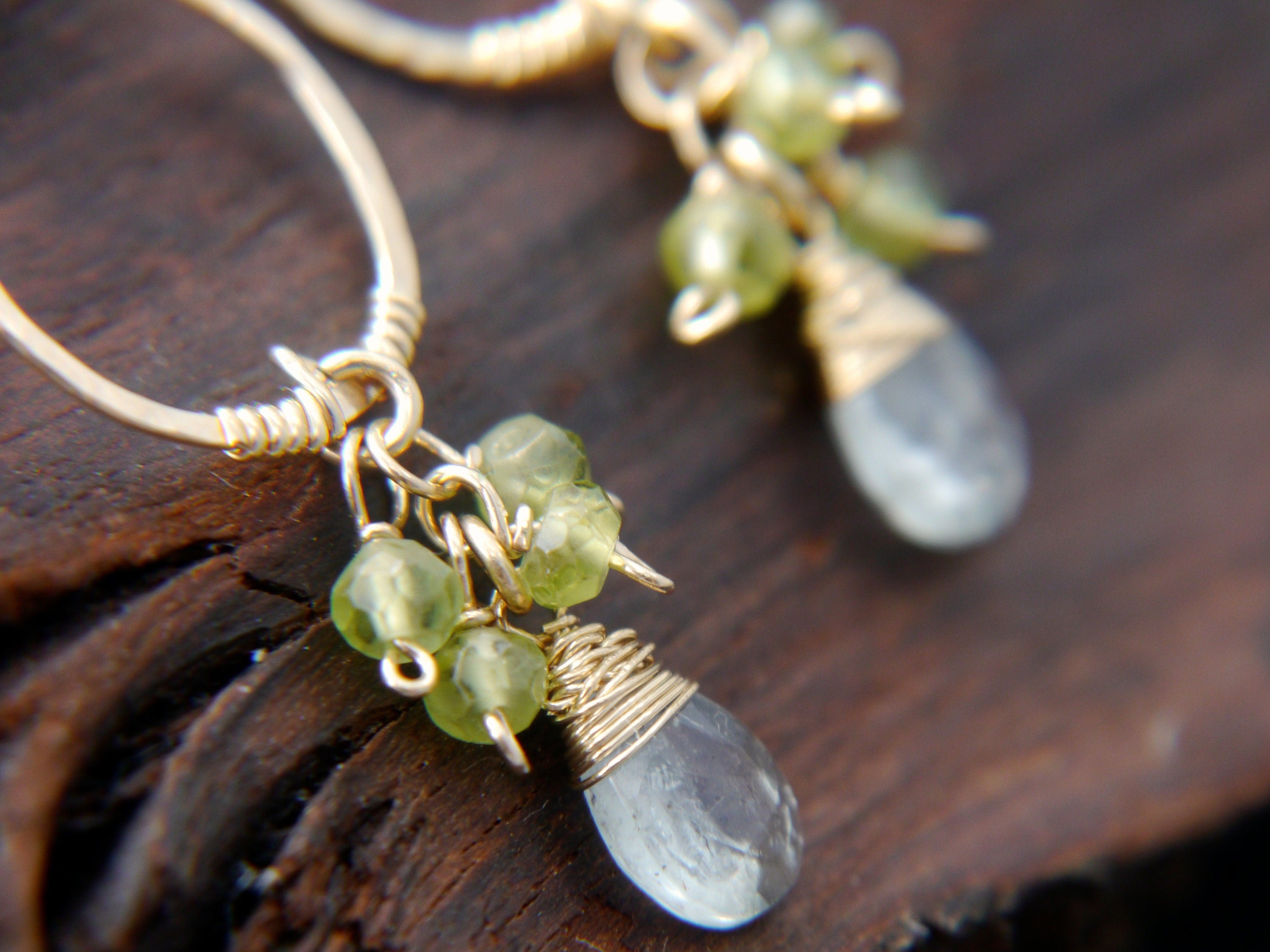 Aquamarine Peridot Chandelier Floral Gemstone Earrings, 14K Gold Filled Bohemian