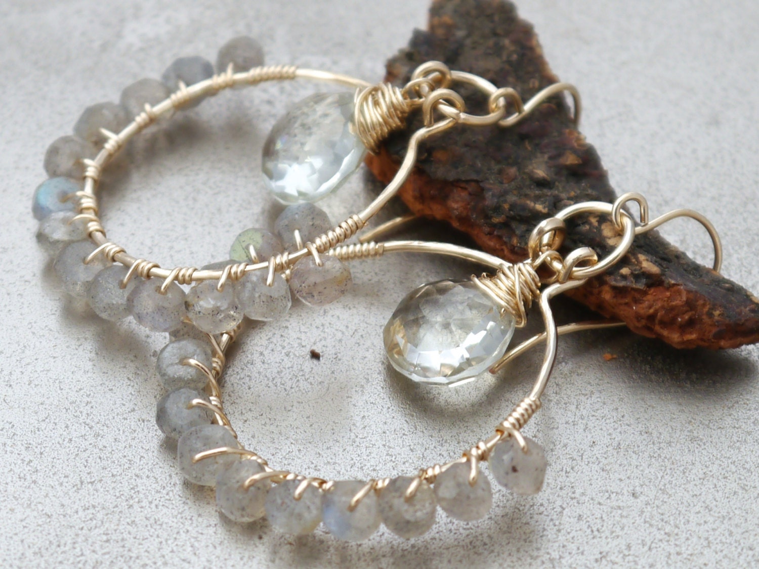 Labradorite Green Amethyst Hoop Gemstone Earrings, 14K Gold Filled Bohemian Style