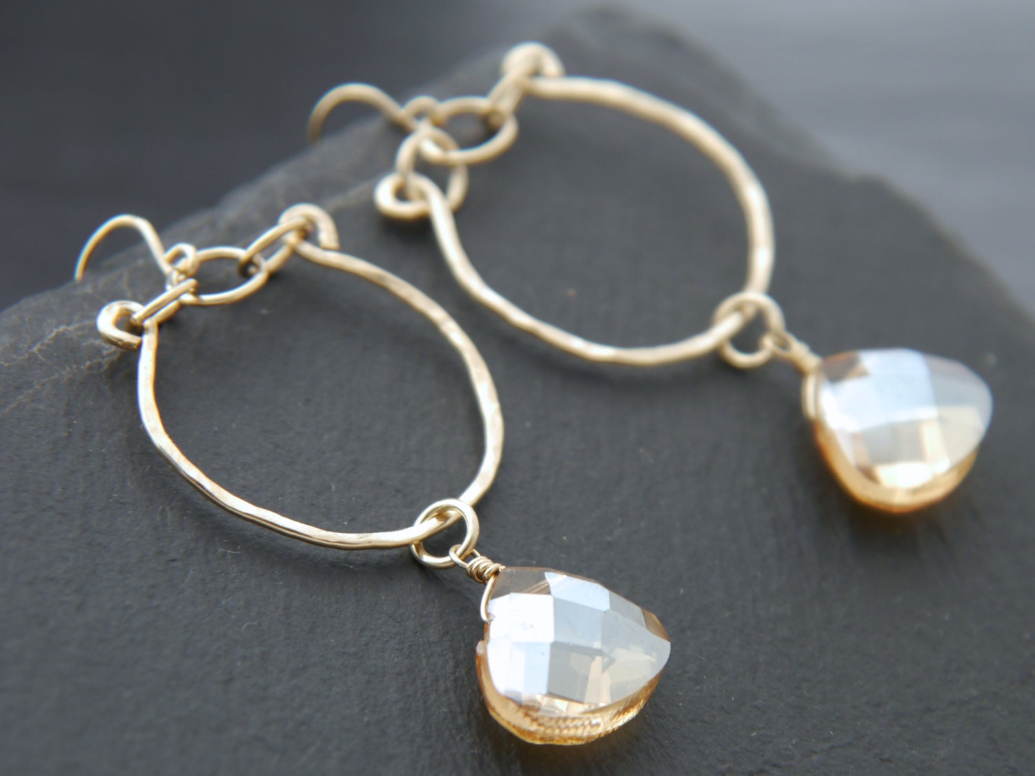 Champagne Crystal Briolette Hoop Gemstone Earrings, 14K Gold Filled Minimalist Style