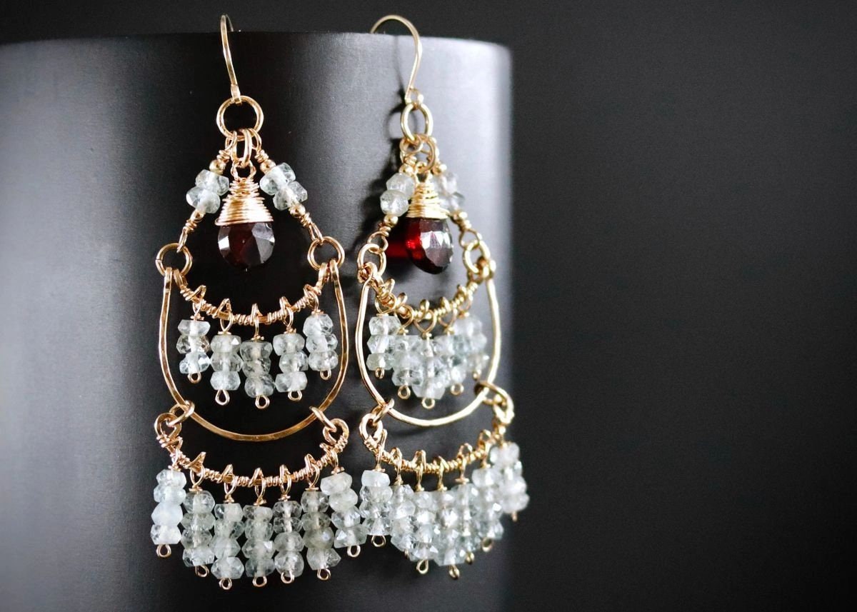 Garnet Aquamarine Fringe Chandelier Gemstone Earrings, 14K Gold Filled Bohemian Jewelry
