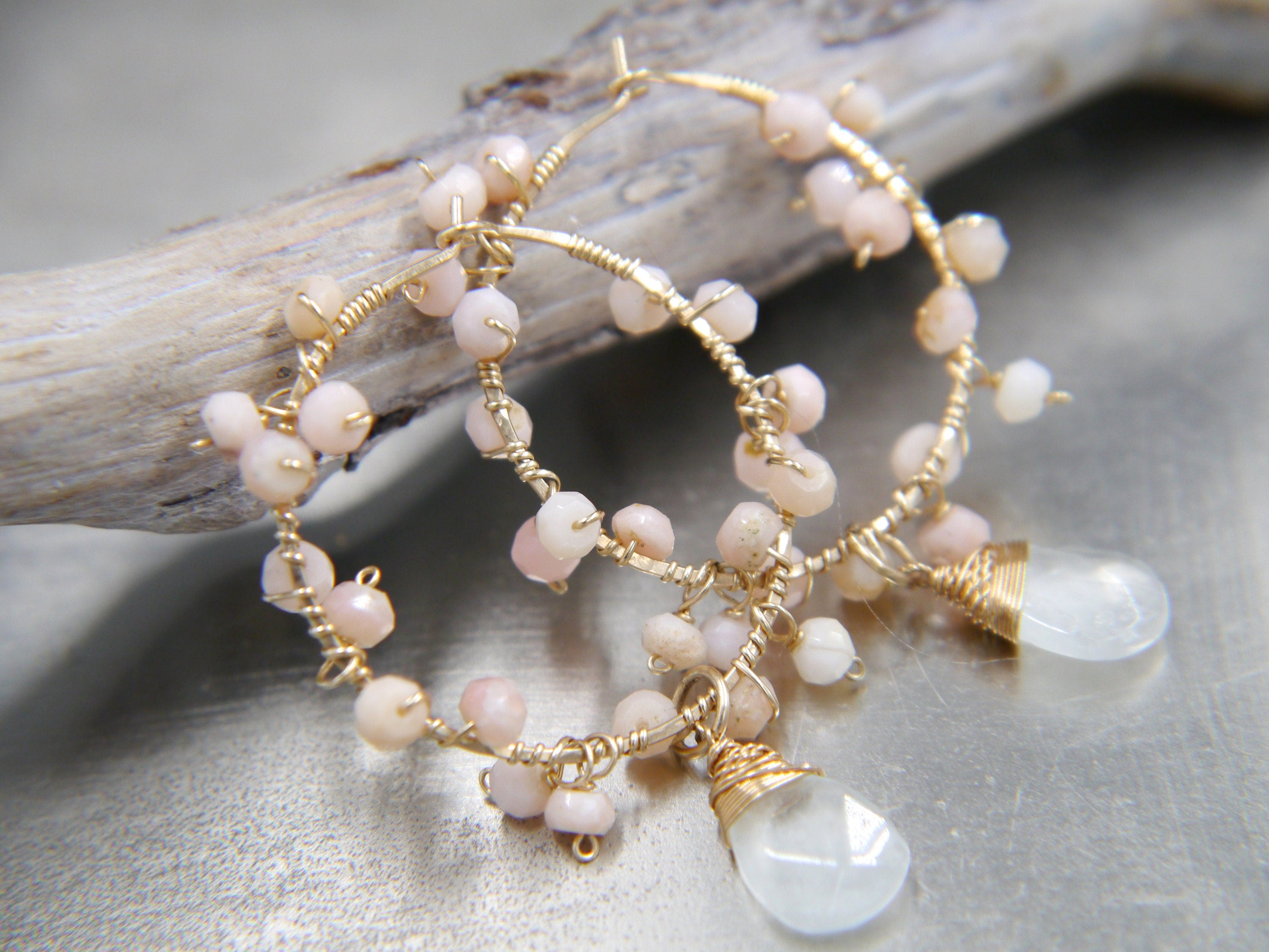 Aquamarine Pink Opal Floral Hoop Gemstone Earrings, 14K Gold Filled Bridal