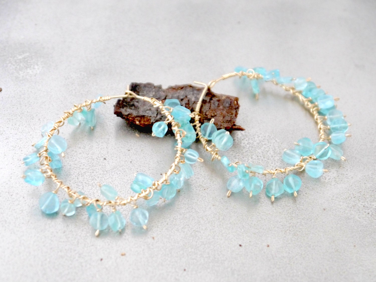 Apatite Fringe Hoop Earrings, 14K Gold Filled Garland Dangle, Boho Statement Jewelry