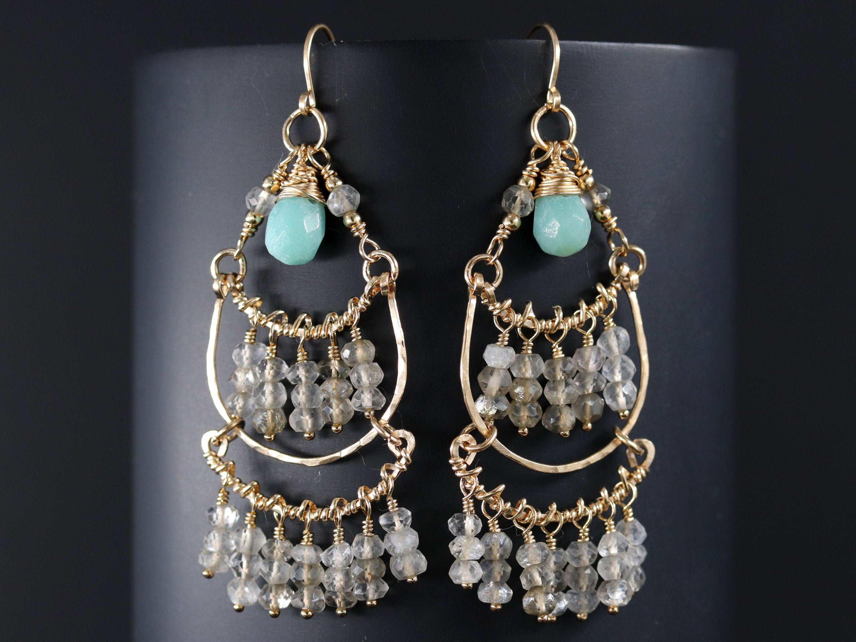 Labradorite Amazonite Chandelier Fringe Gemstone Earrings, 14K Gold Filled Bohemian Style