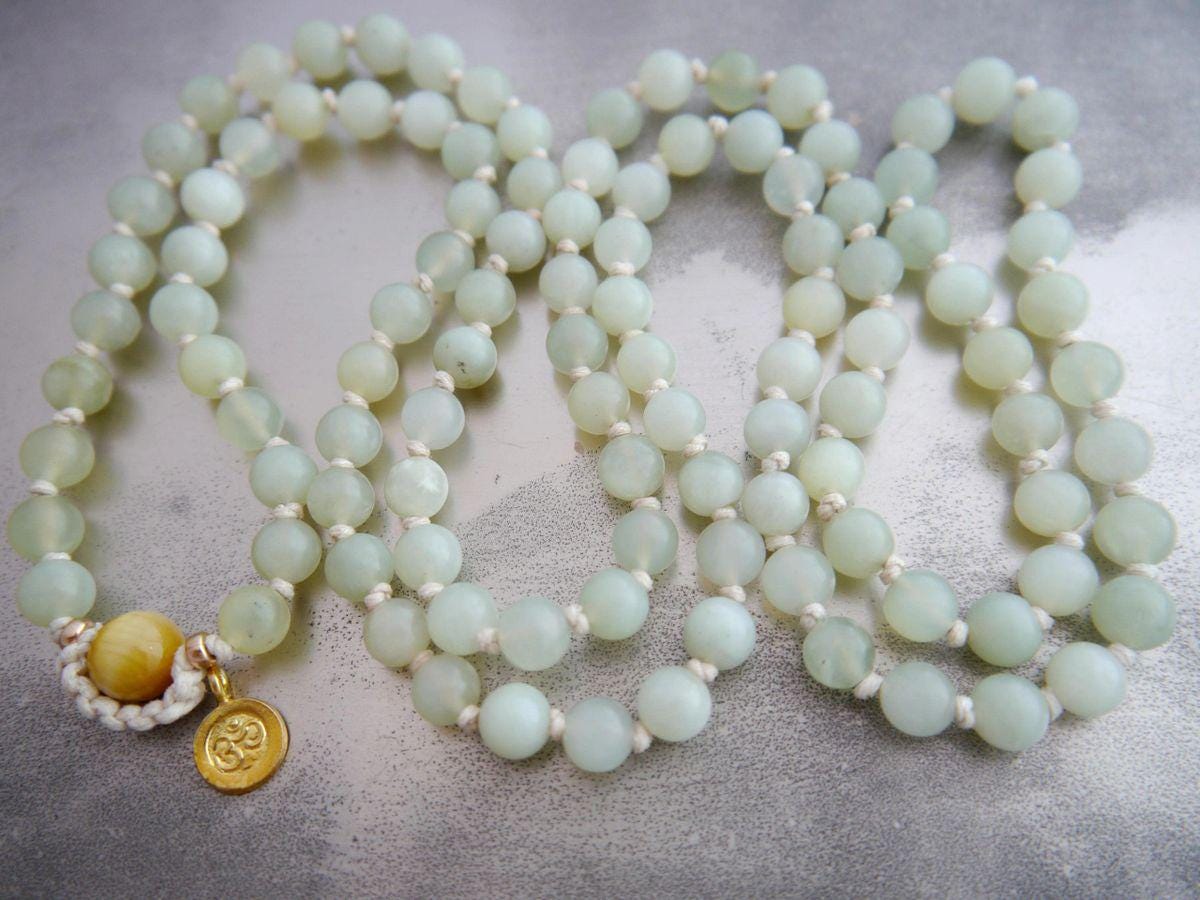 Sea Green Serpentine Mala Beads, 108 Gemstone Beads, Wrap, Hand Knotted