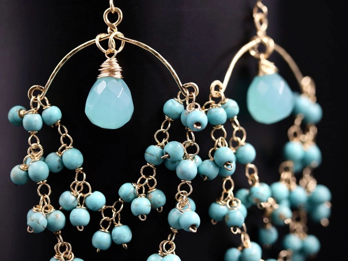 Turquoise Magnesite Aqua Chalcedony Fringe, Gemstone Earrings, 14K Gold Filled Bohemian Wedding