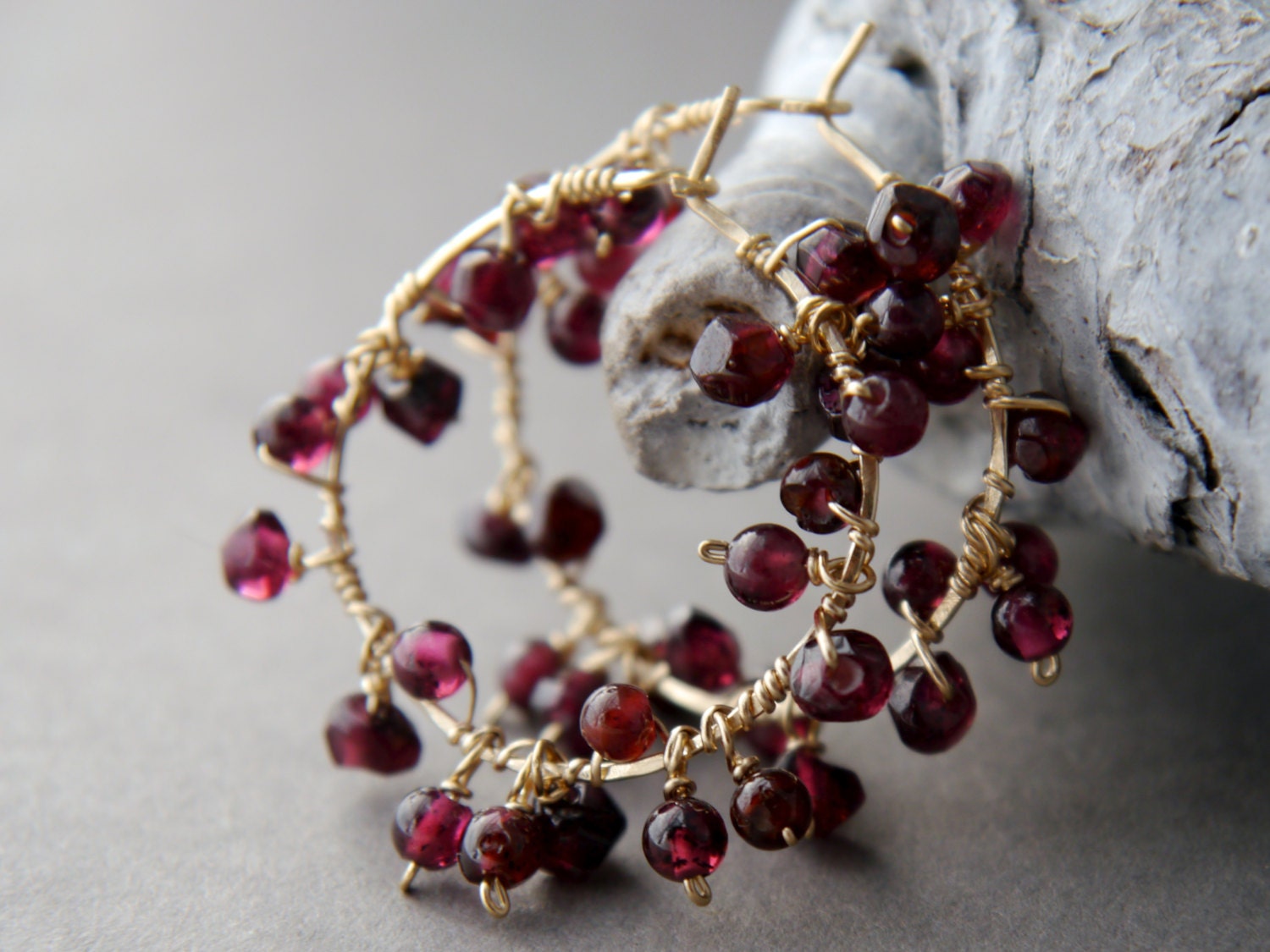 Garnet Hoop Gemstone Earrings, 14K Gold Filled Bohemian Style