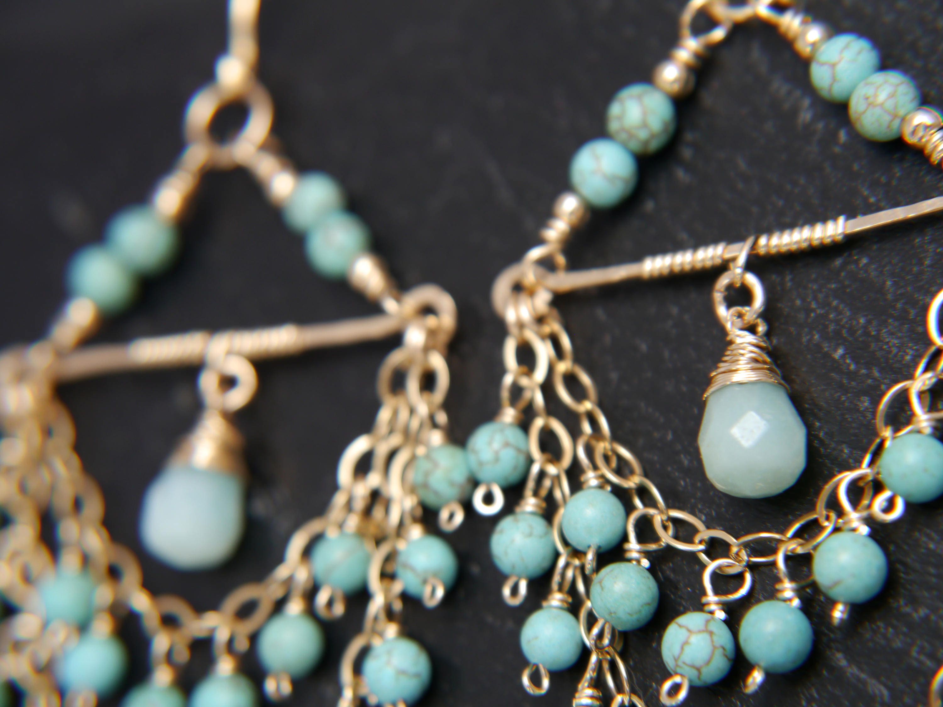 Turquoise Magnesite Chandelier Fringe Gemstone Earrings, 14K Gold Filled Coastal Wedding