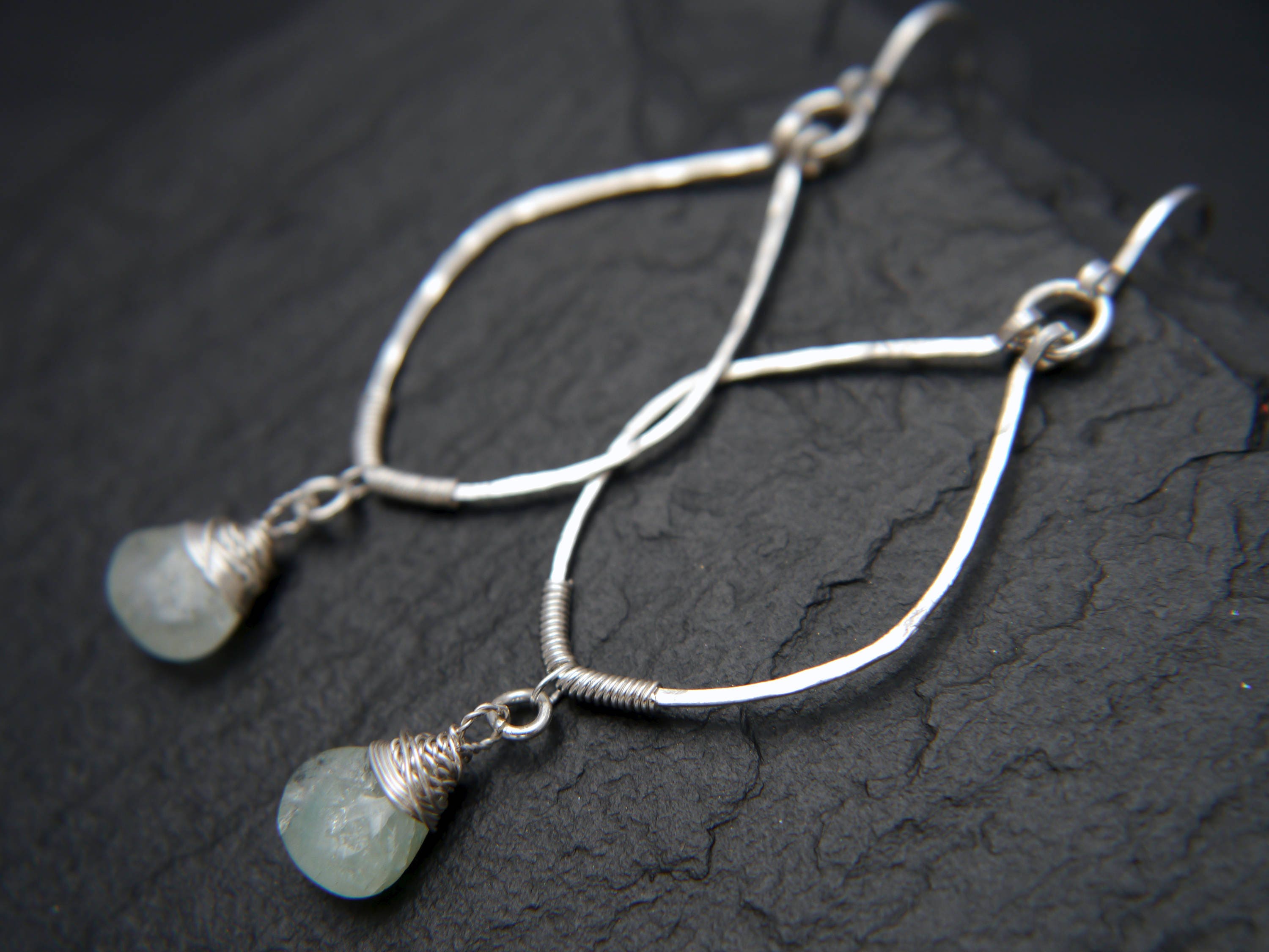 Aquamarine Leaf Dangle Gemstone Earrings, Sterling Silver, Nature Inspired