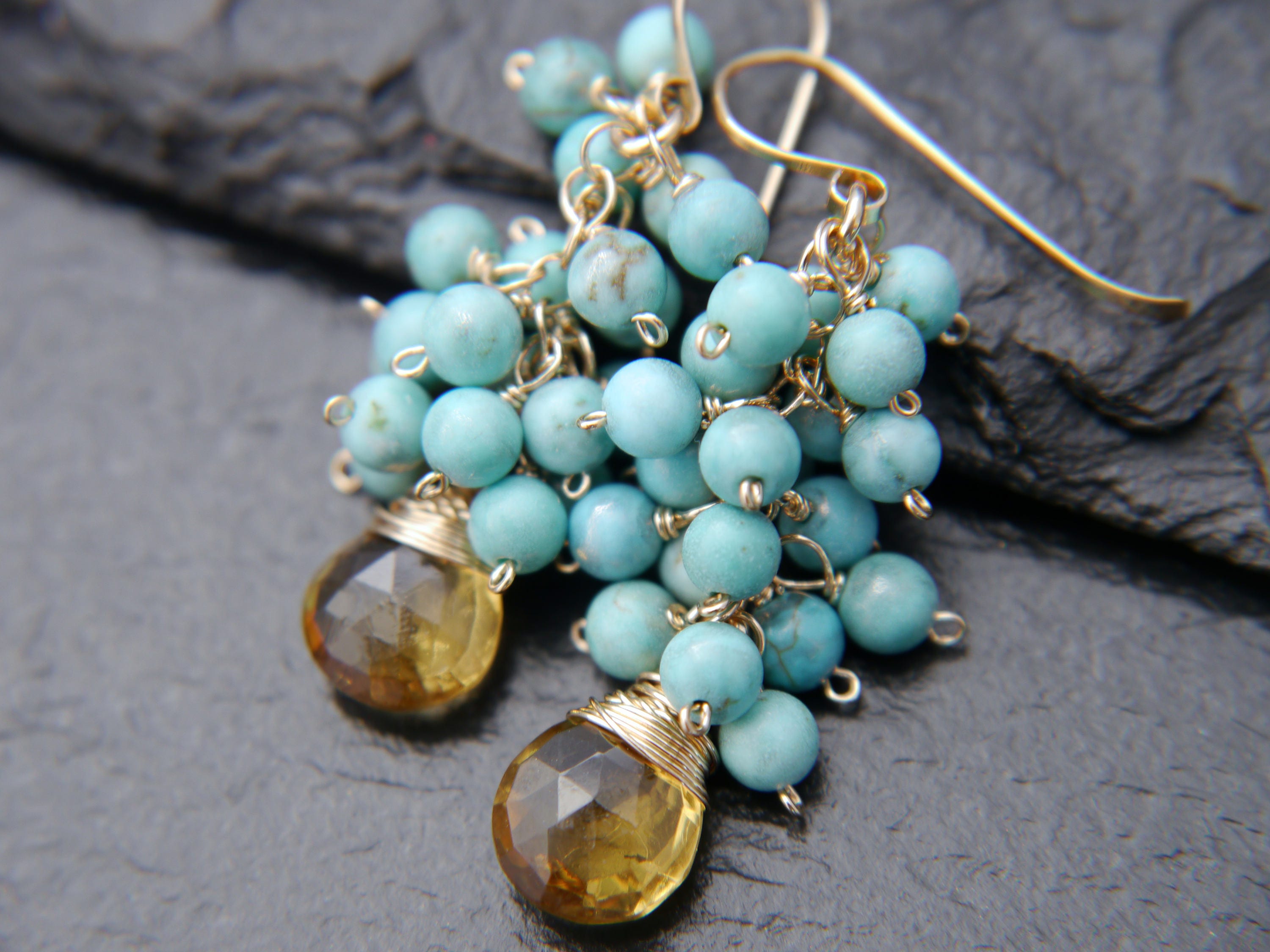 Beer Quartz Turquoise Magnesite Cluster, Gemstone Earrings, 14K Gold Filled Bohemian Jewelry