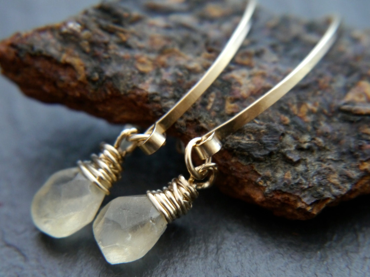 Citrine Teardrop Hoop Gemstone Earrings, 14K Gold Filled Boho Style