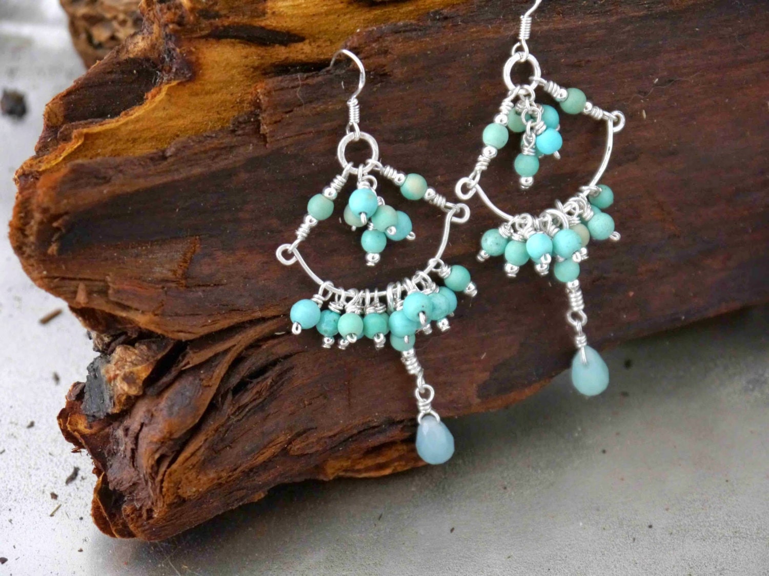 Amazonite Turquoise Magnesite Cluster Chandelier Gemstone Earrings, Sterling Silver