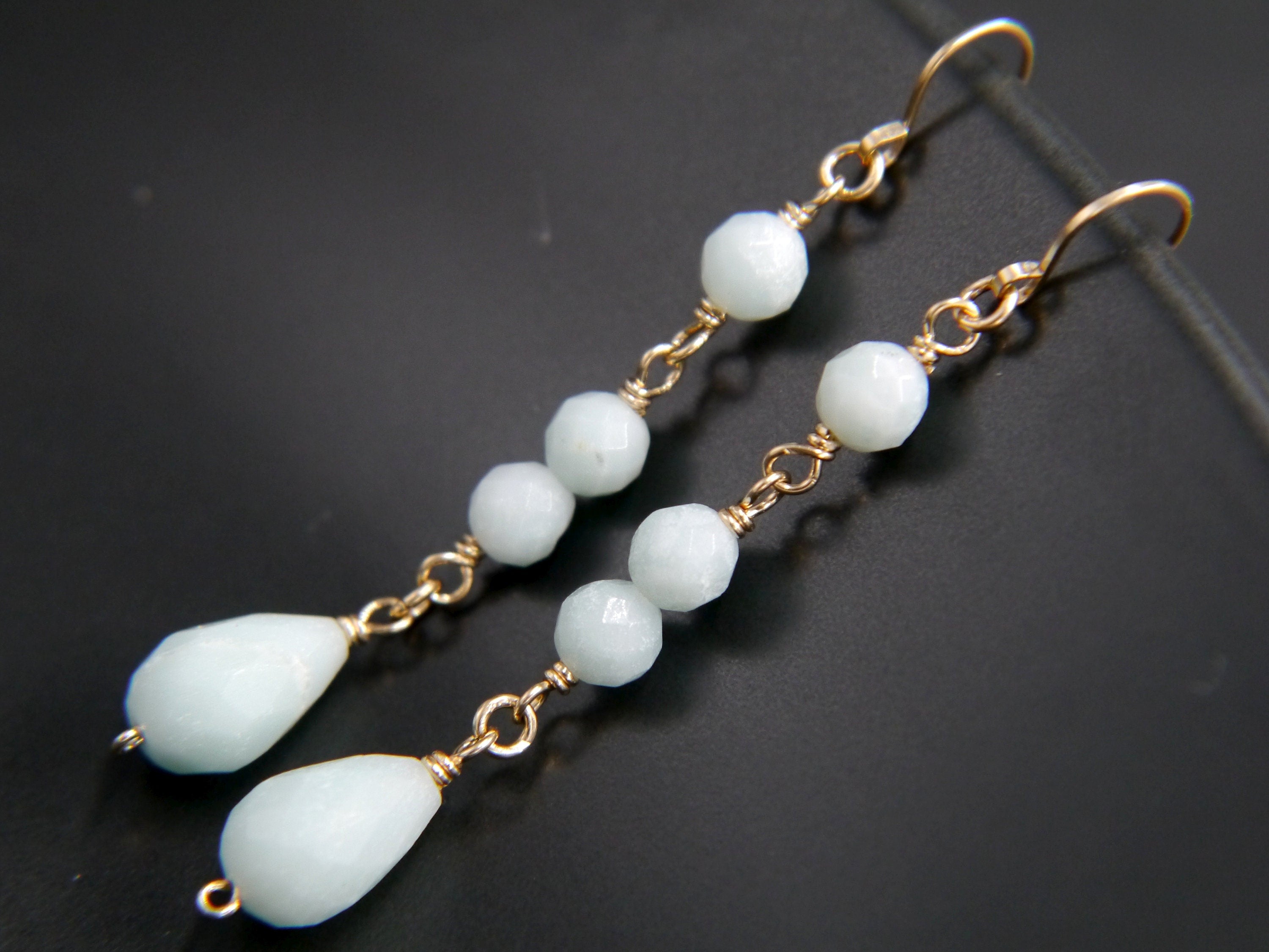Aqua Amazonite Long Dangle Earrings, 14K Gold Filled Linear Drop, Minimal Jewelry