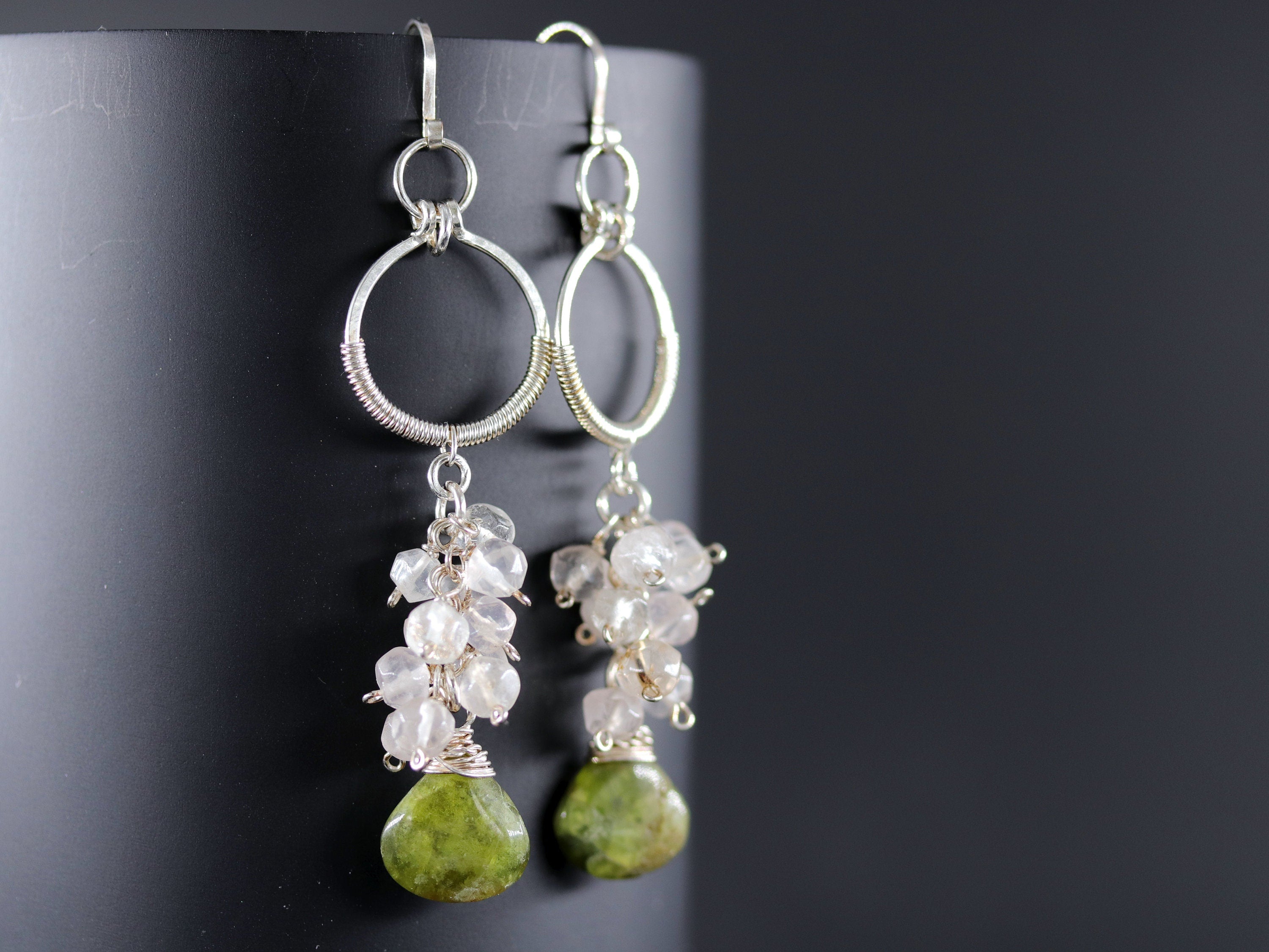 Green Vesuvianite Rose Quartz Gemstone Earrings, Sterling Silver Bohemian Style