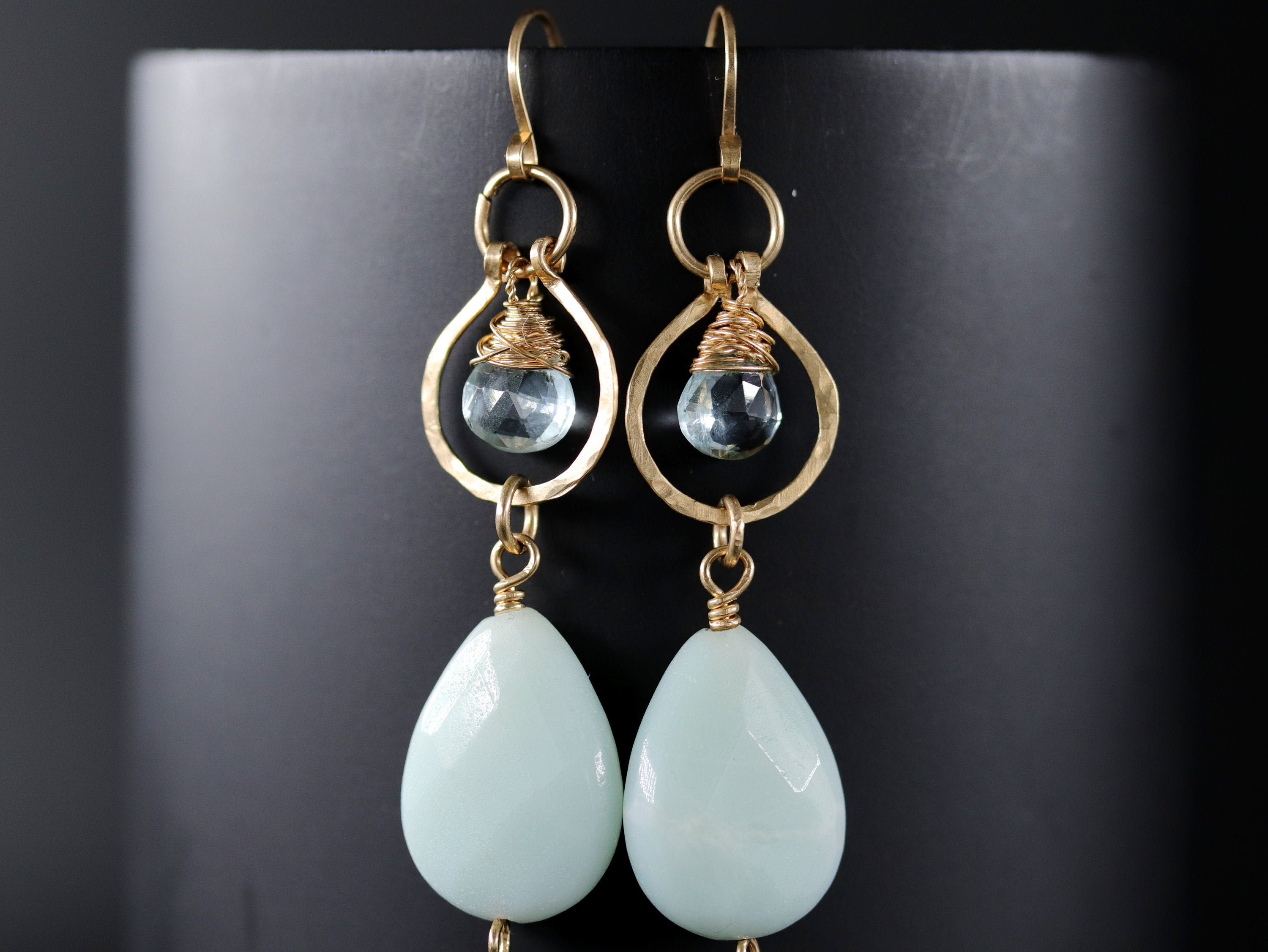 Amazonite Green Amethyst Chandelier Earrings, 14K Gold Filled Statement Dangle, Boho Bridal Jewelry