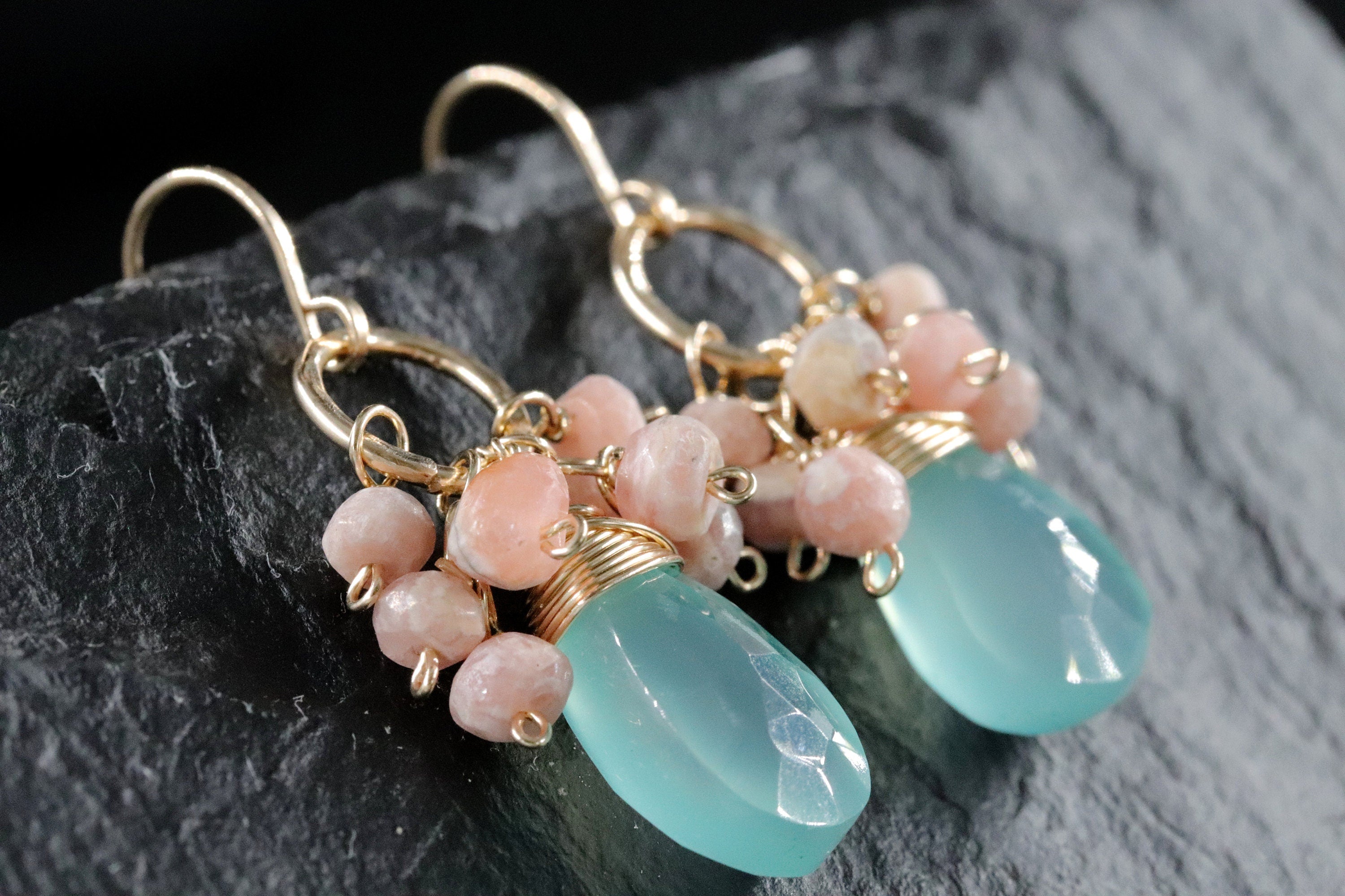 Aqua Chalcedony Pink Rhodonite Floral Cluster Gemstone Earrings, 14K Gold Filled