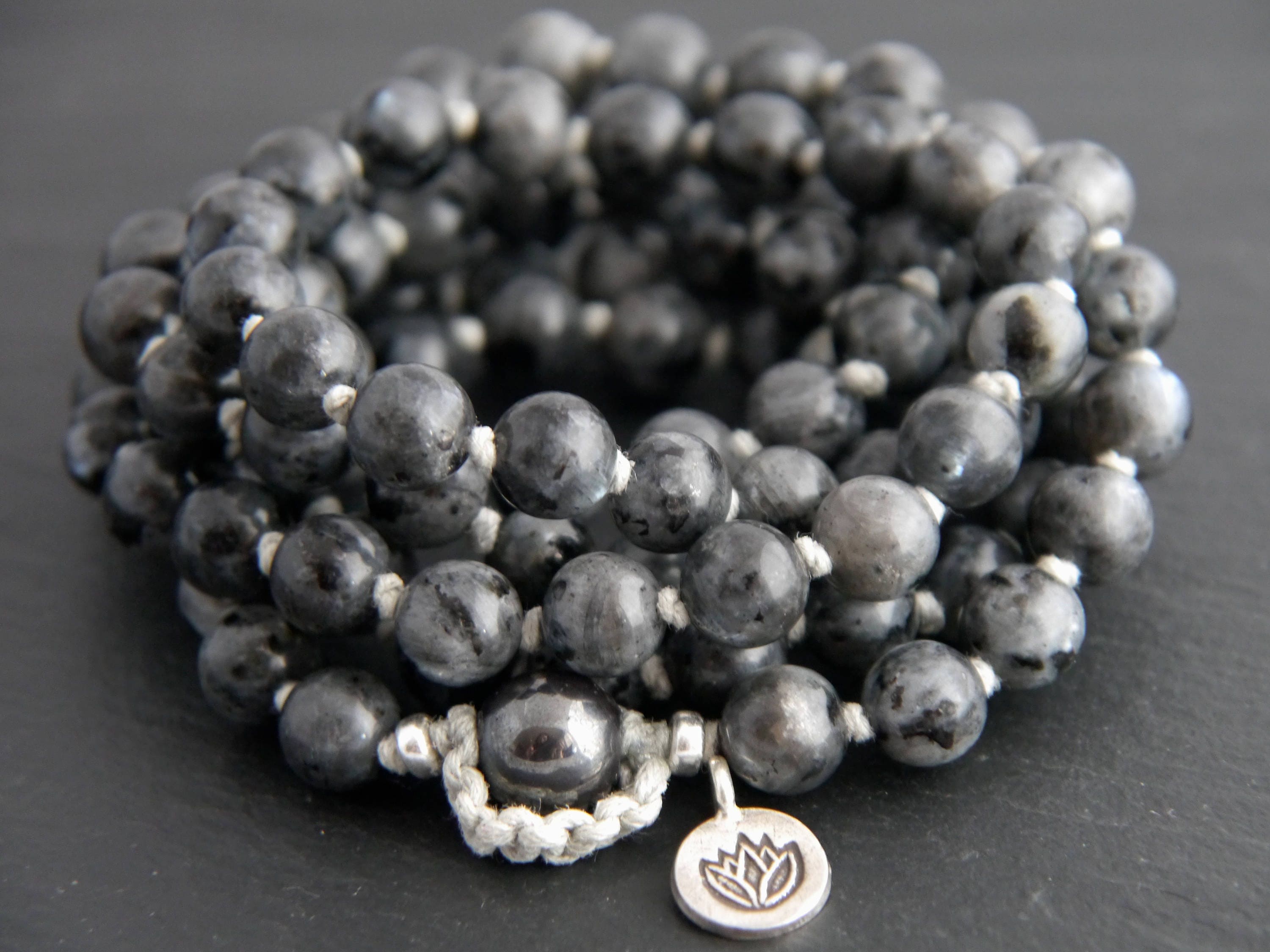 Gray Flash Labradorite Mala Beads, 108 Gemstone Beads, Wrap, Hand Knotted
